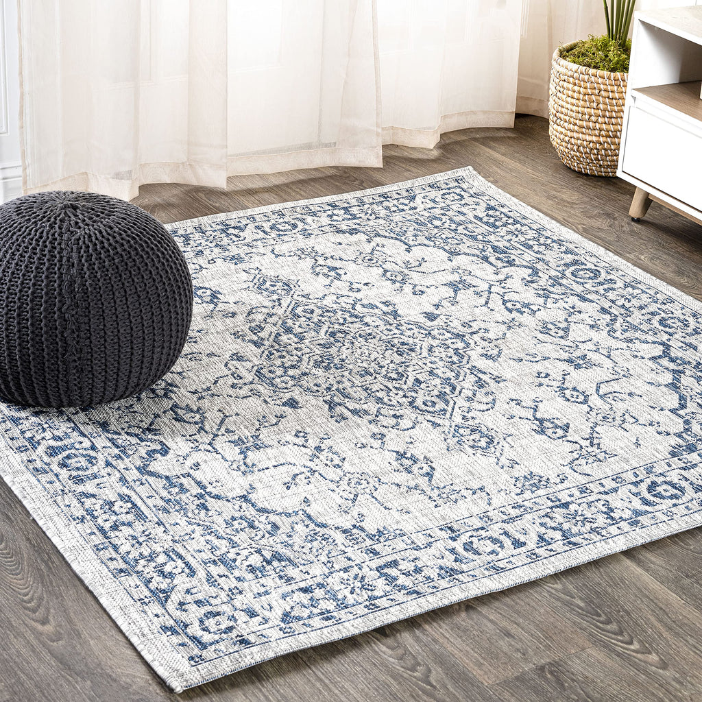 Jonathan Y Smb102B-5Sq Rozetta Boho Medallion Textured Weave Indoor Outdoor -Area Rug Coastal Bohemian Rustic Glam Easy-Cleaning Bedroom Kitchen Backyard Patio Non Shedding, 5' Square, Gray/Navy