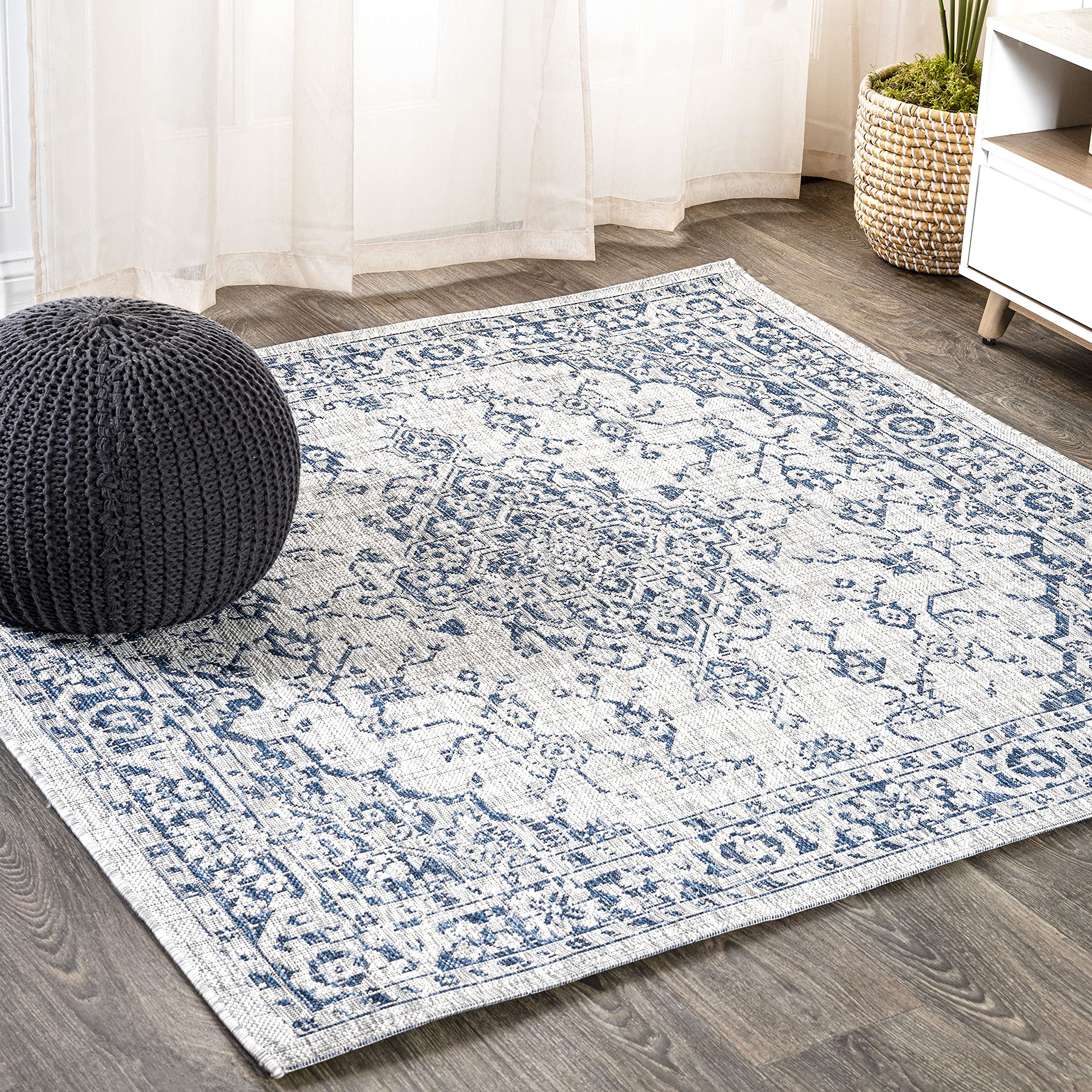 Jonathan Y Smb102B-5Sq Rozetta Boho Medallion Textured Weave Indoor Outdoor -Area Rug Coastal Bohemian Rustic Glam Easy-Cleaning Bedroom Kitchen Backyard Patio Non Shedding, 5' Square, Gray/Navy