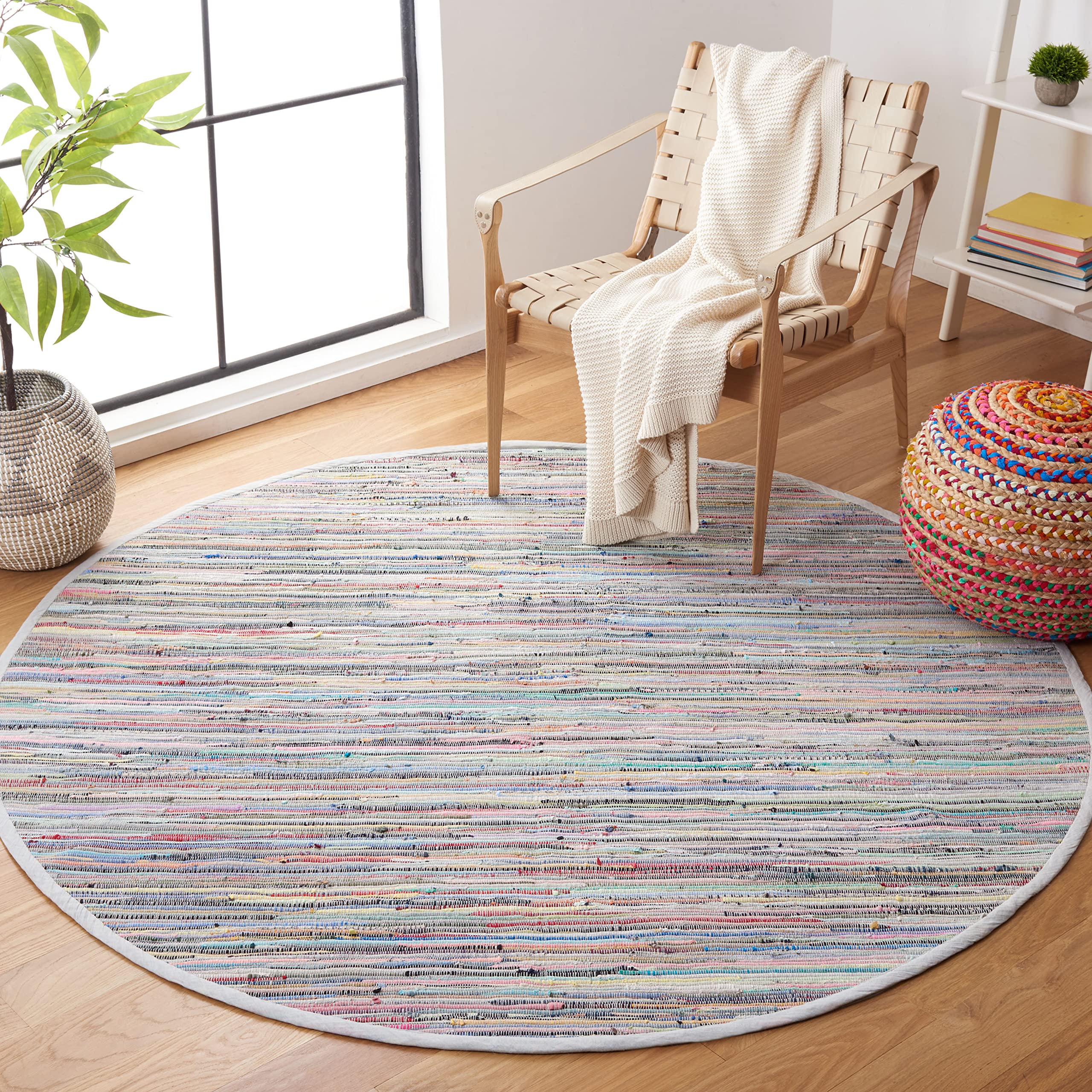 SAFAVIEH Rag Rug Collection 8 Round Grey/Multi RAR121M Handmade Boho Stripe Cotton Area Rug