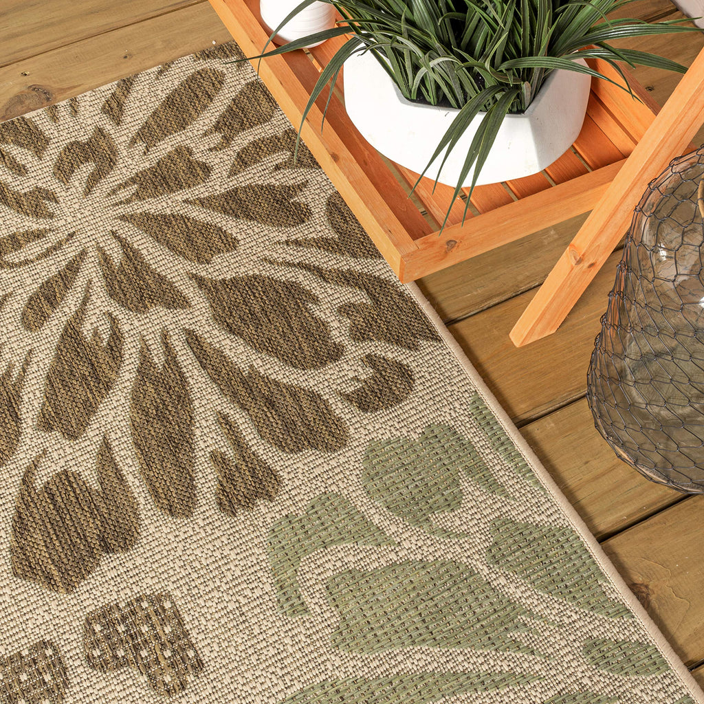 Jonathan Y Smb110A-5Sq Zinnia Modern Floral Textured Weave Indoor Outdoor Area Rug Bohemian Coastal Easy Cleaning Bedroom Kitchen Backyard Patio Non Shedding, 5' Square, Sage/Brown