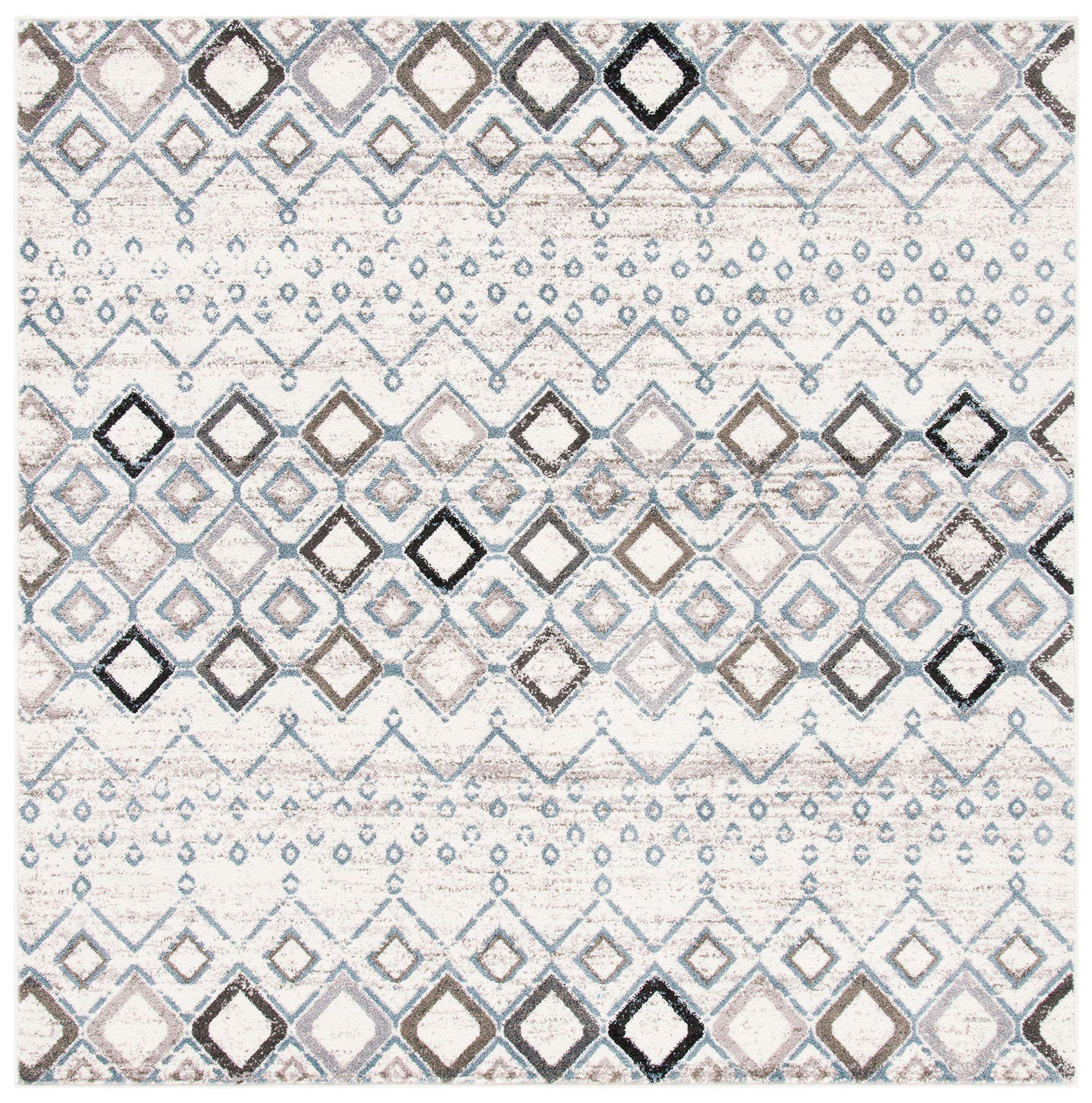 Safavieh Amsterdam Collection 6'7'' Square Ivory/Grey Ams108A Moroccan Boho Non-Shedding Living Room Bedroom Area Rug