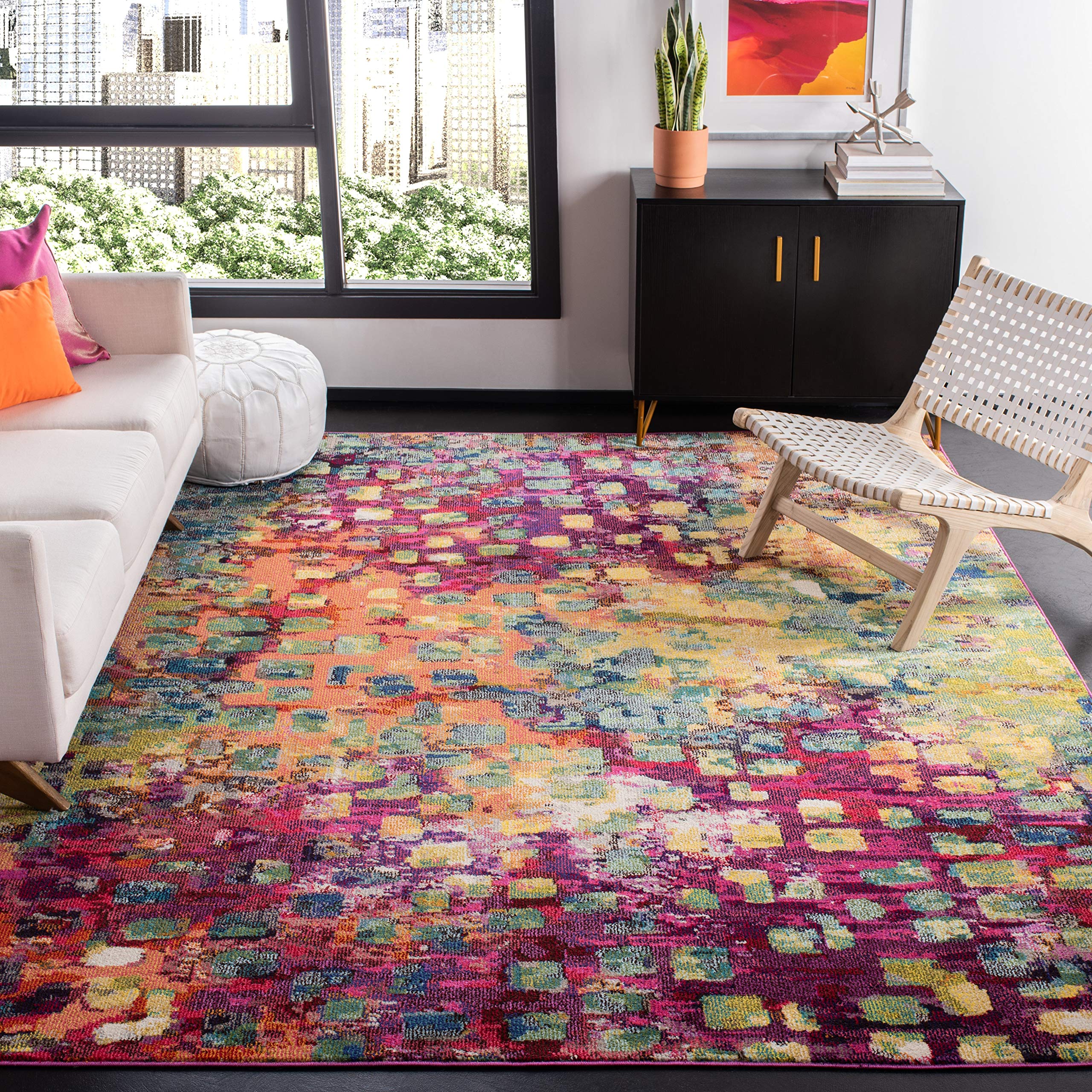 SAFAVIEH Madison Collection 8 Square Fuchsia/Gold MAD425D Boho Abstract Distressed Non-Shedding Living Room Bedroom Area Rug
