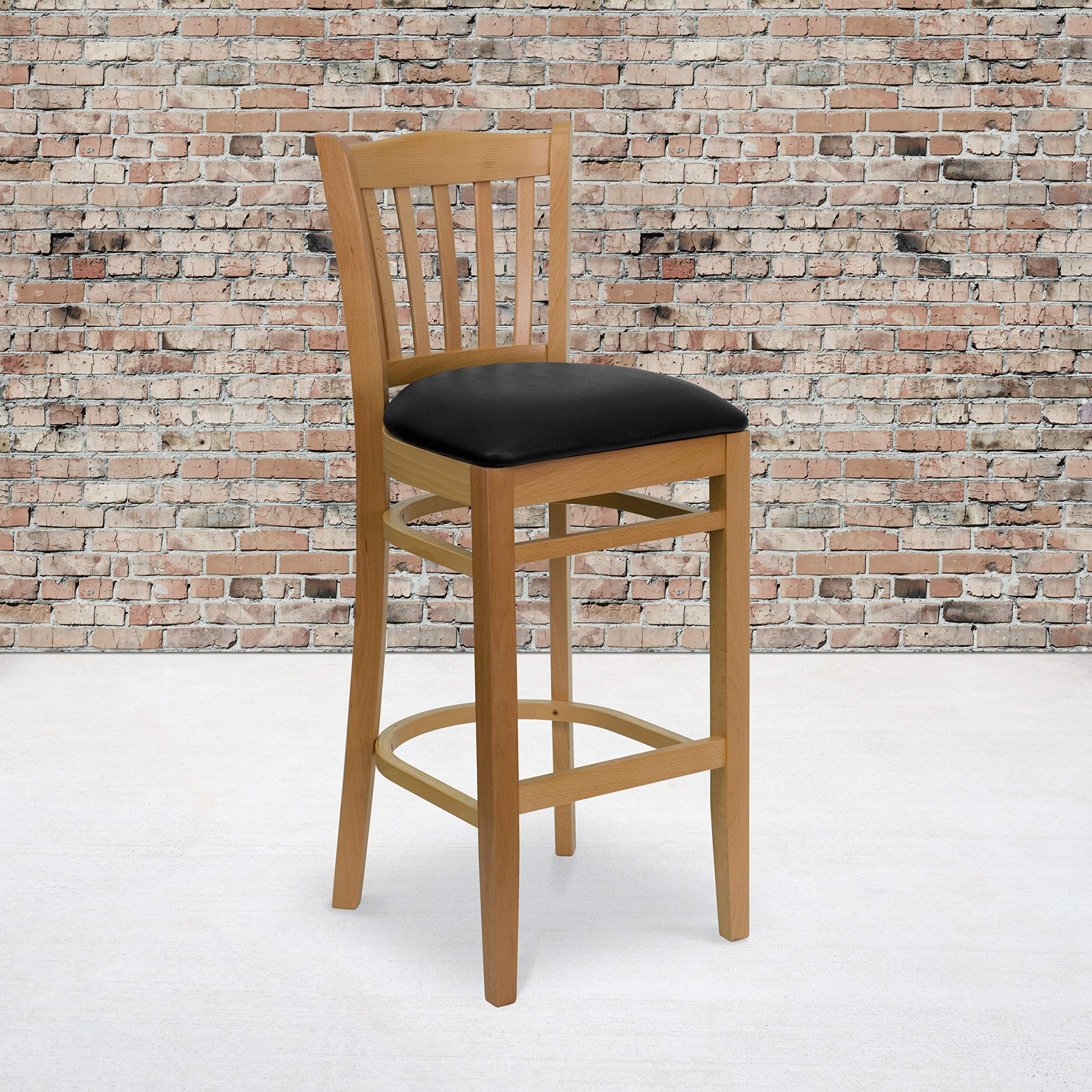 Flash Furniture Hercules Series Vertical Slat Back Natural Wood Restaurant Barstool - Black Vinyl Seat