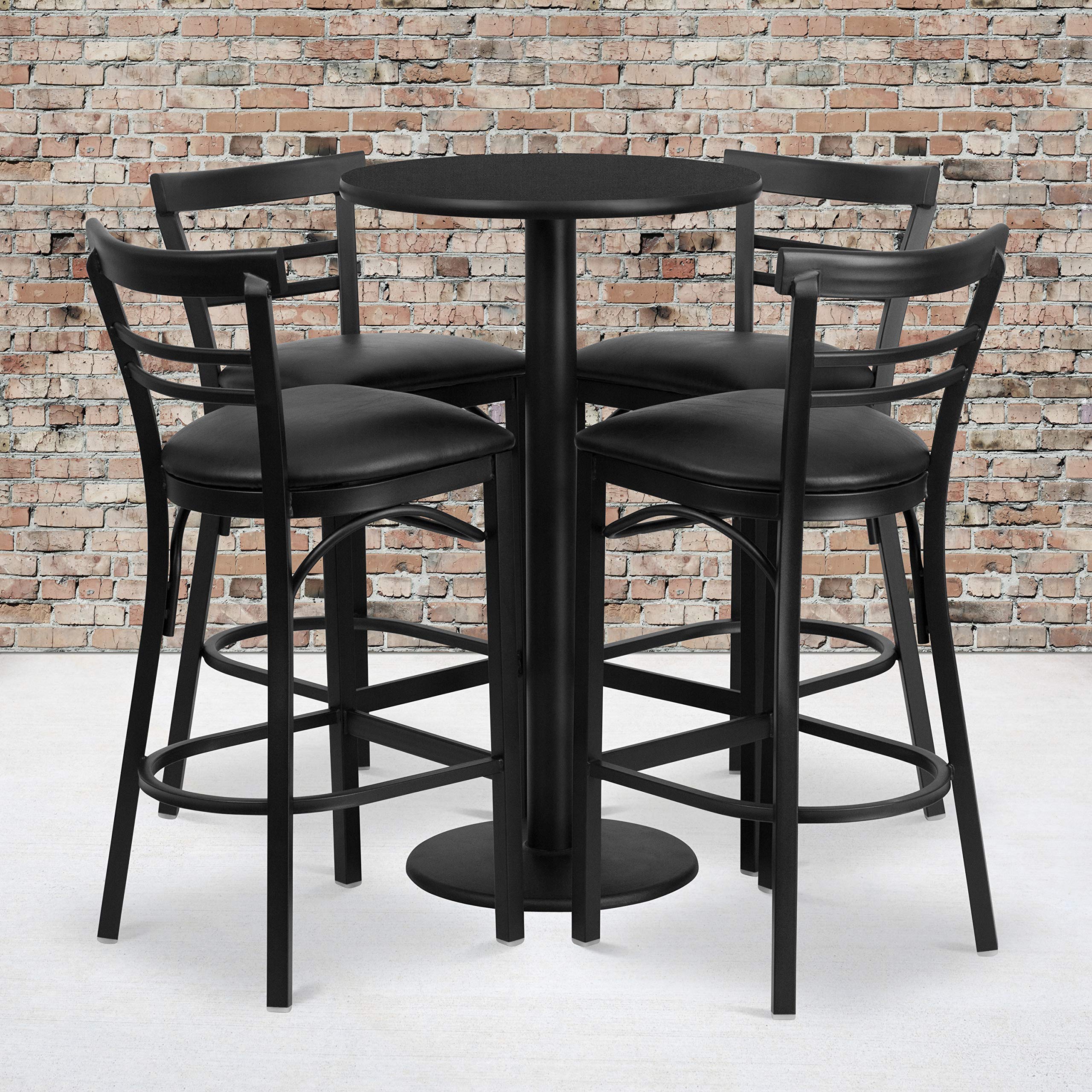 Flash Furniture Jamie 24'' Round Black Laminate Table Set With Round Base And 4 Two-Slat Ladder Back Metal Barstools - Black Vinyl Seat
