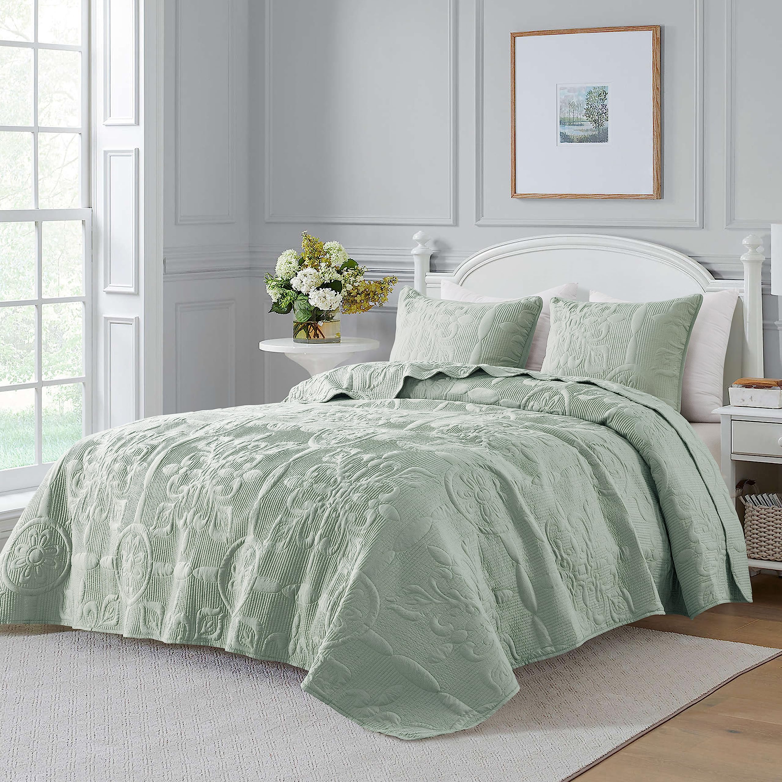 B2Ever Damask Quilt Queen Size Bedding Sets With Pillow Shams, Boho Lightweight Soft Bedspread Coverlet, Sage Green Quilted Blan