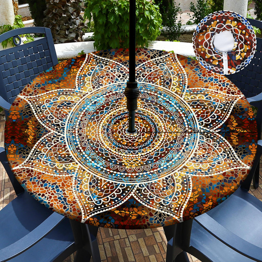 Outdoor Tablecloth With Umbrella Hole Waterproof Round Fitted Tablecloth With Elastic Zippered Wipeable Table Cloth Round Cover