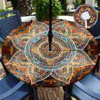 Outdoor Tablecloth With Umbrella Hole Waterproof Round Fitted Tablecloth With Elastic Zippered Wipeable Table Cloth Round Cover