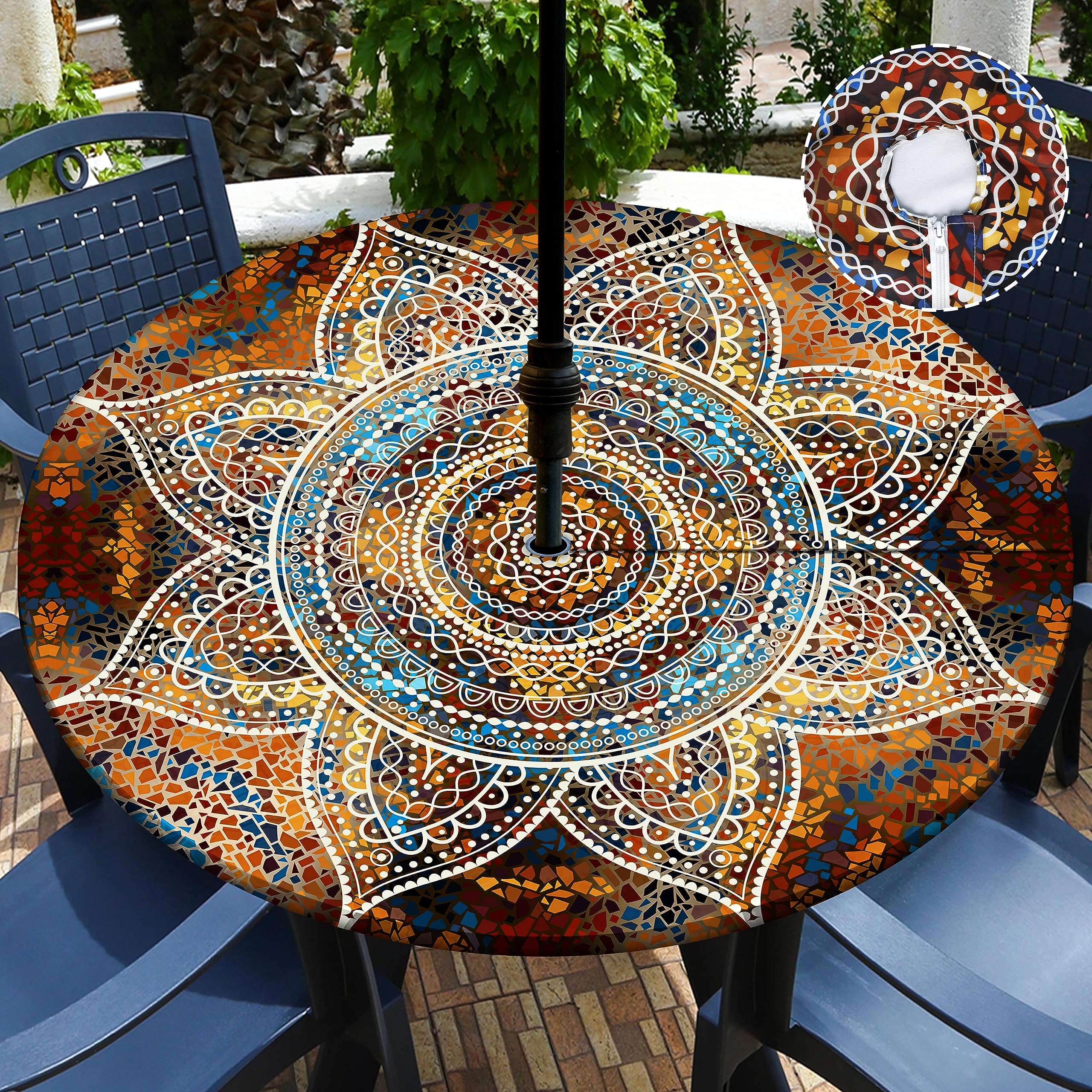 Outdoor Tablecloth With Umbrella Hole Waterproof Round Fitted Tablecloth With Elastic Zippered Wipeable Table Cloth Round Cover