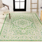 Jonathan Y Smb101H-9 Sinjuri Medallion Textured Weave Indoor Outdoor Area-Rug, Coastal, Traditional, Transitional Easy-Cleaning,Bedroom,Kitchen,Backyard,Patio,Non Shedding, Cream/Green, 9 X 12