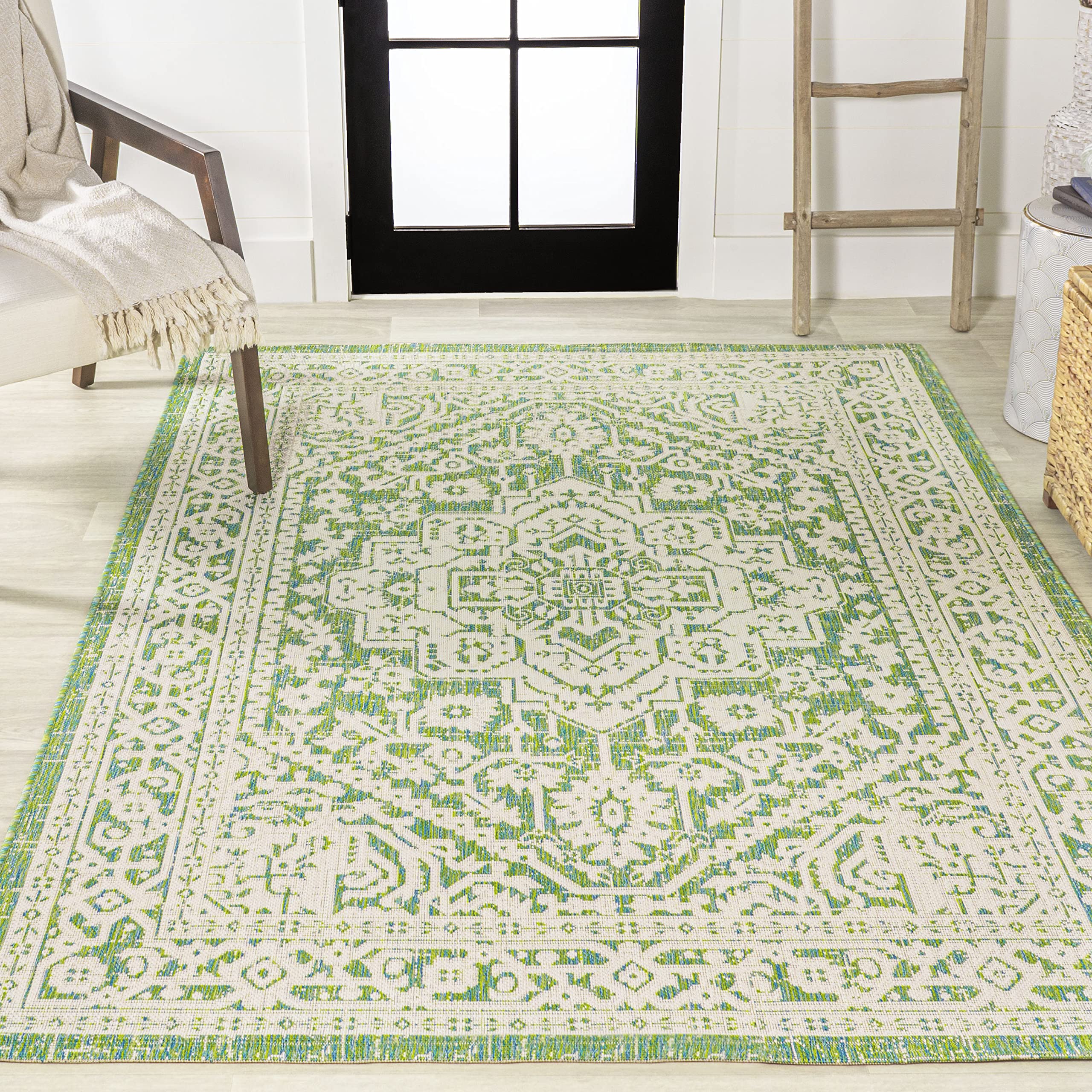 Jonathan Y Smb101H-9 Sinjuri Medallion Textured Weave Indoor Outdoor Area-Rug, Coastal, Traditional, Transitional Easy-Cleaning,Bedroom,Kitchen,Backyard,Patio,Non Shedding, Cream/Green, 9 X 12