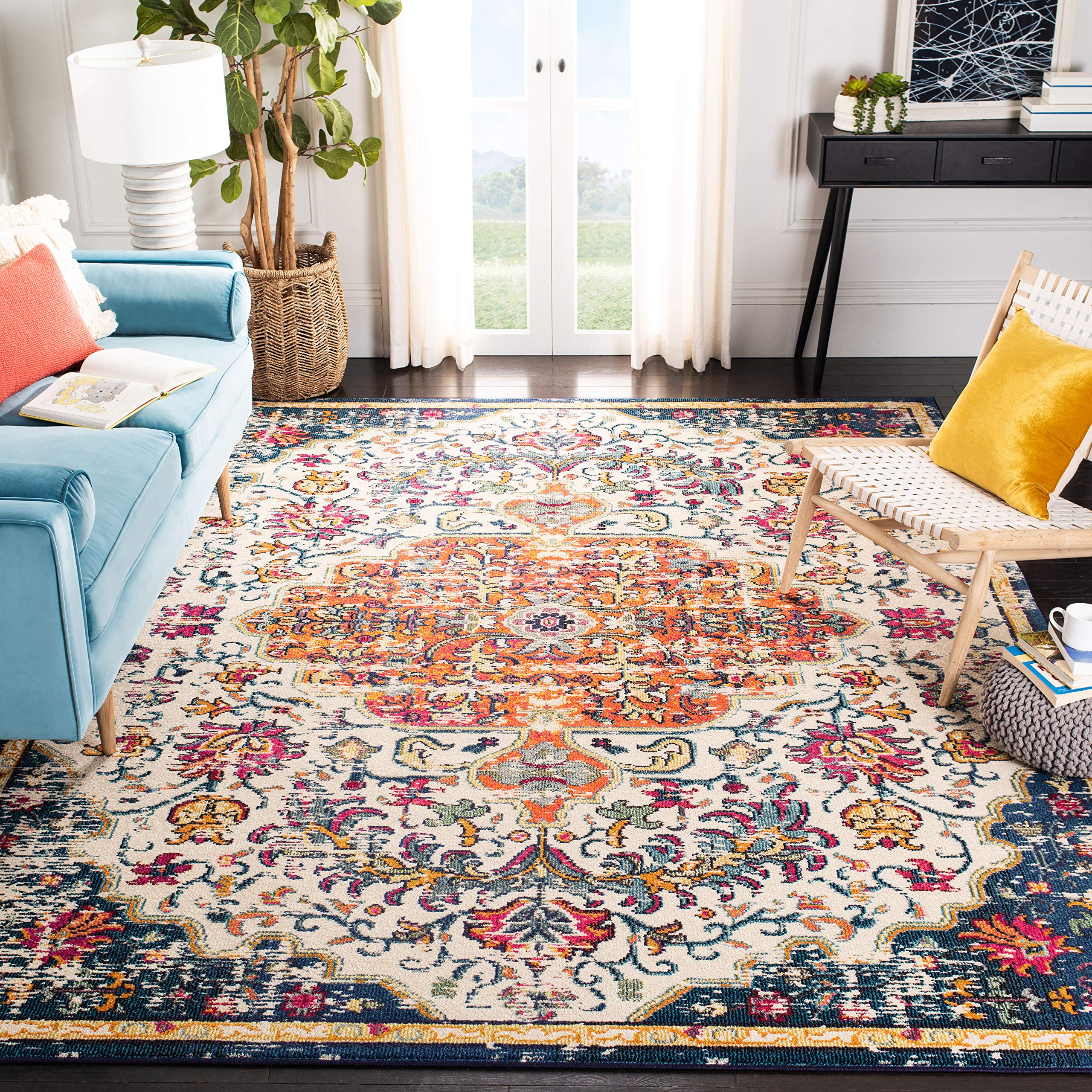 SAFAVIEH Madison Collection X-Large Area Rug - 12 x 18, Ivory & Orange, Medallion Distressed Design, Non-Shedding & Easy Care,