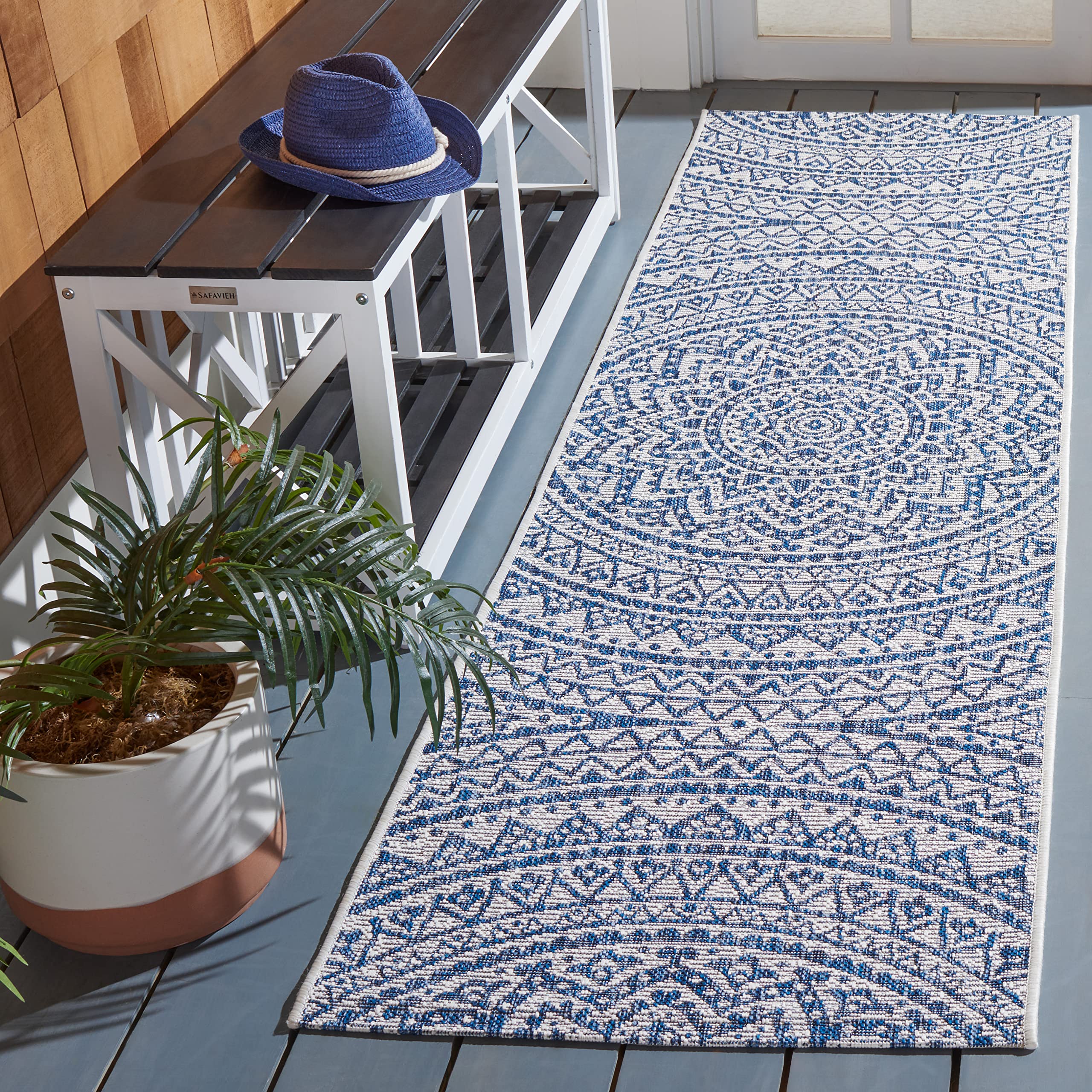 Safavieh Courtyard Collection 2'3' X 8' Ivory/Navy Cy8734 Indoor/ Outdoor Waterproof Easy Cleaning Patio Backyard Mudroom Runne