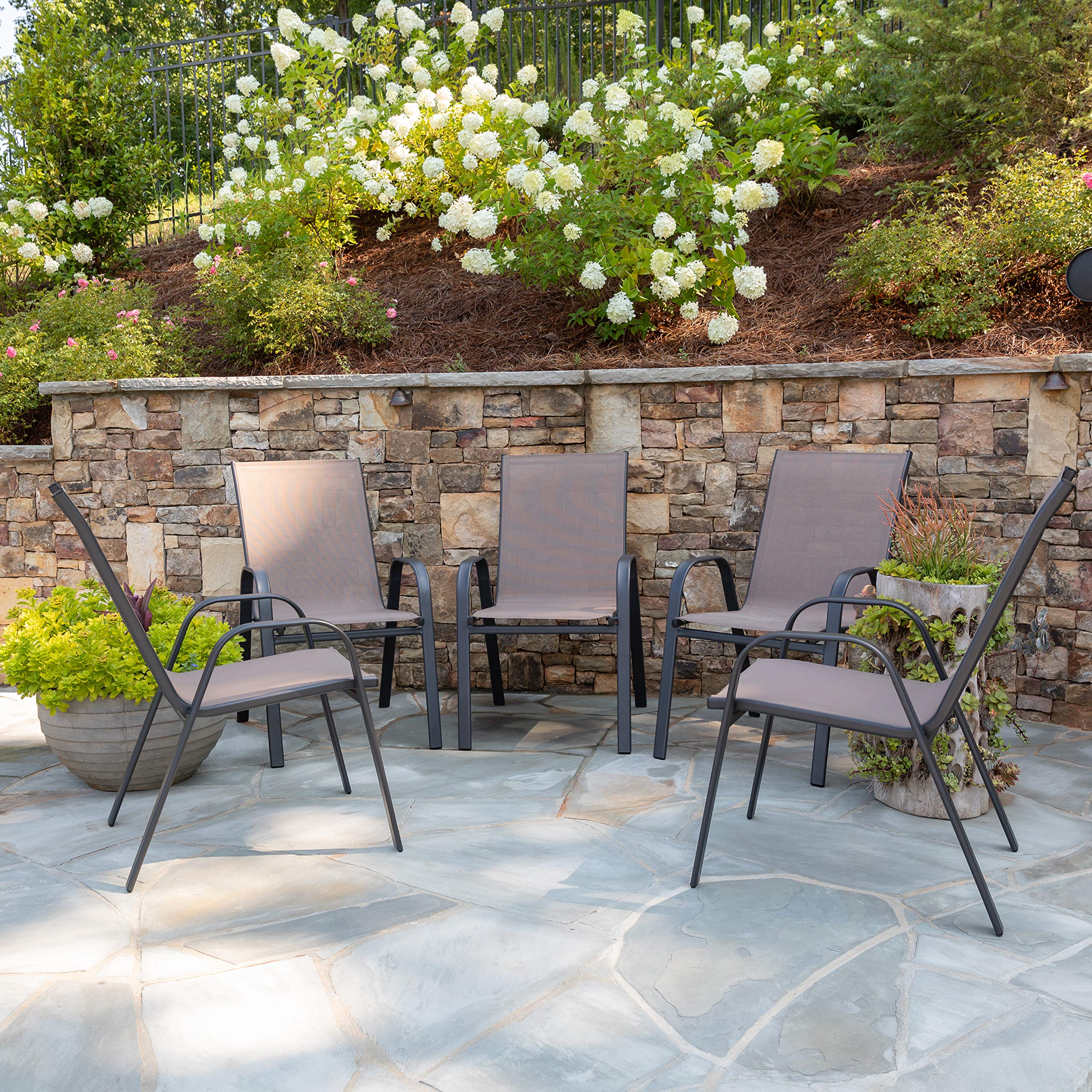 EMMA + OLIVER 5 Pack Brown Outdoor Stack Chair with Flex Comfort Material and Metal Frame
