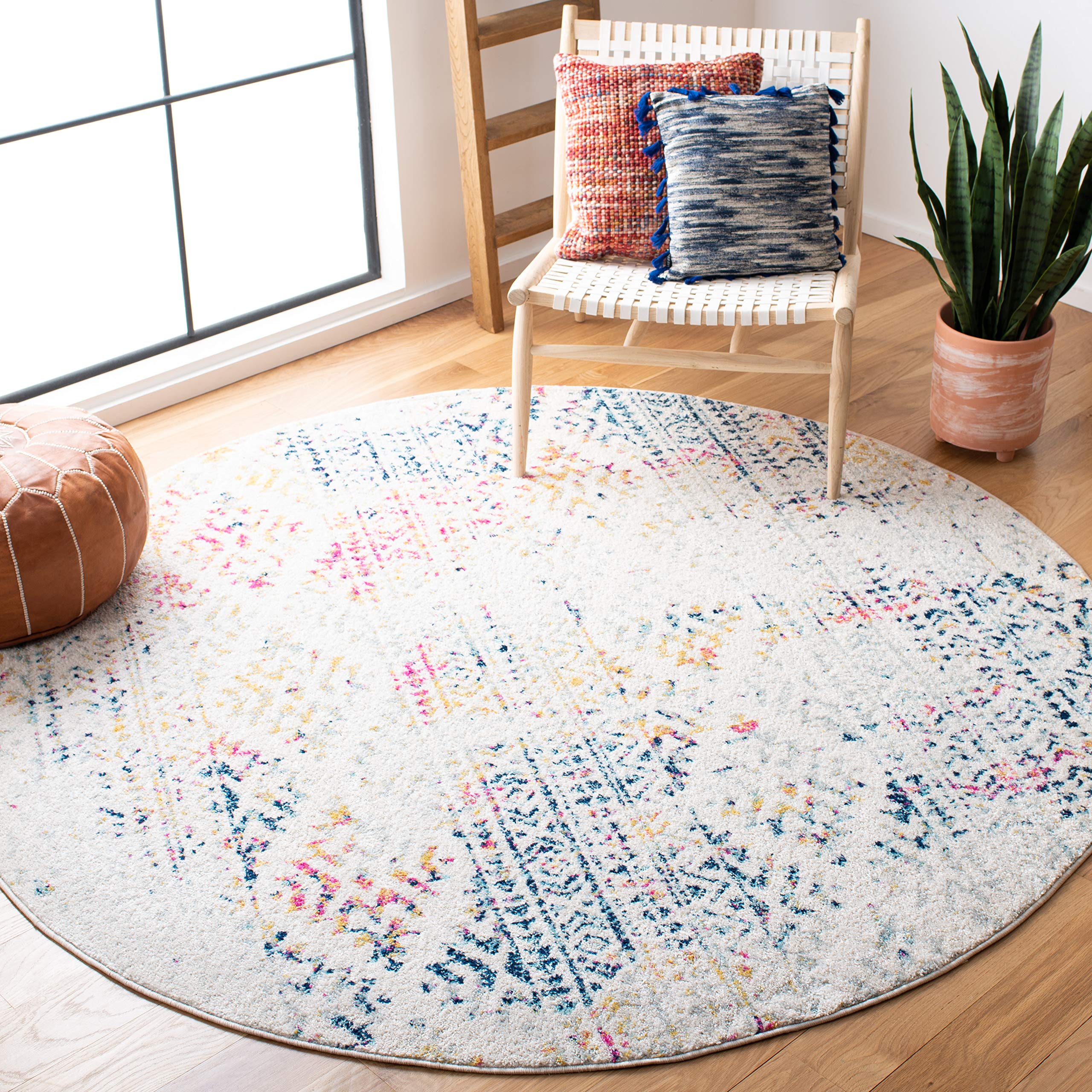 SAFAVIEH Tulum Collection 10 Round Ivory/Blue TUL272C Moroccan Boho Tribal Non-Shedding Area Rug