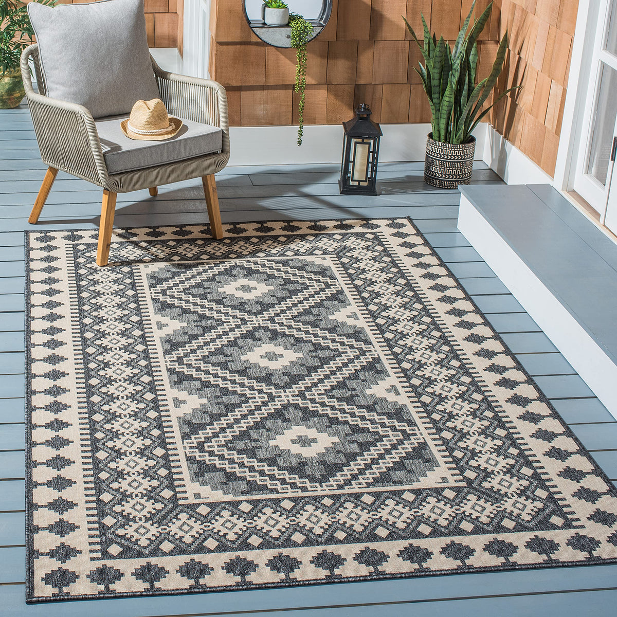 Safavieh Veranda Collection 3' Square Ivory/Grey Ver099 Boho Indoor/ Outdoor Non-Shedding Easy--Cleaning Patio Backyard Porch De