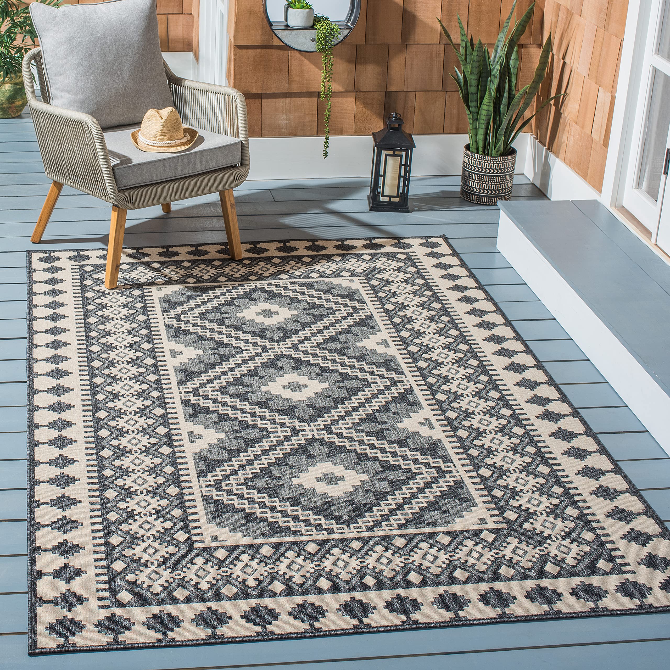 Safavieh Veranda Collection 3' Square Ivory/Grey Ver099 Boho Indoor/ Outdoor Non-Shedding Easy--Cleaning Patio Backyard Porch De