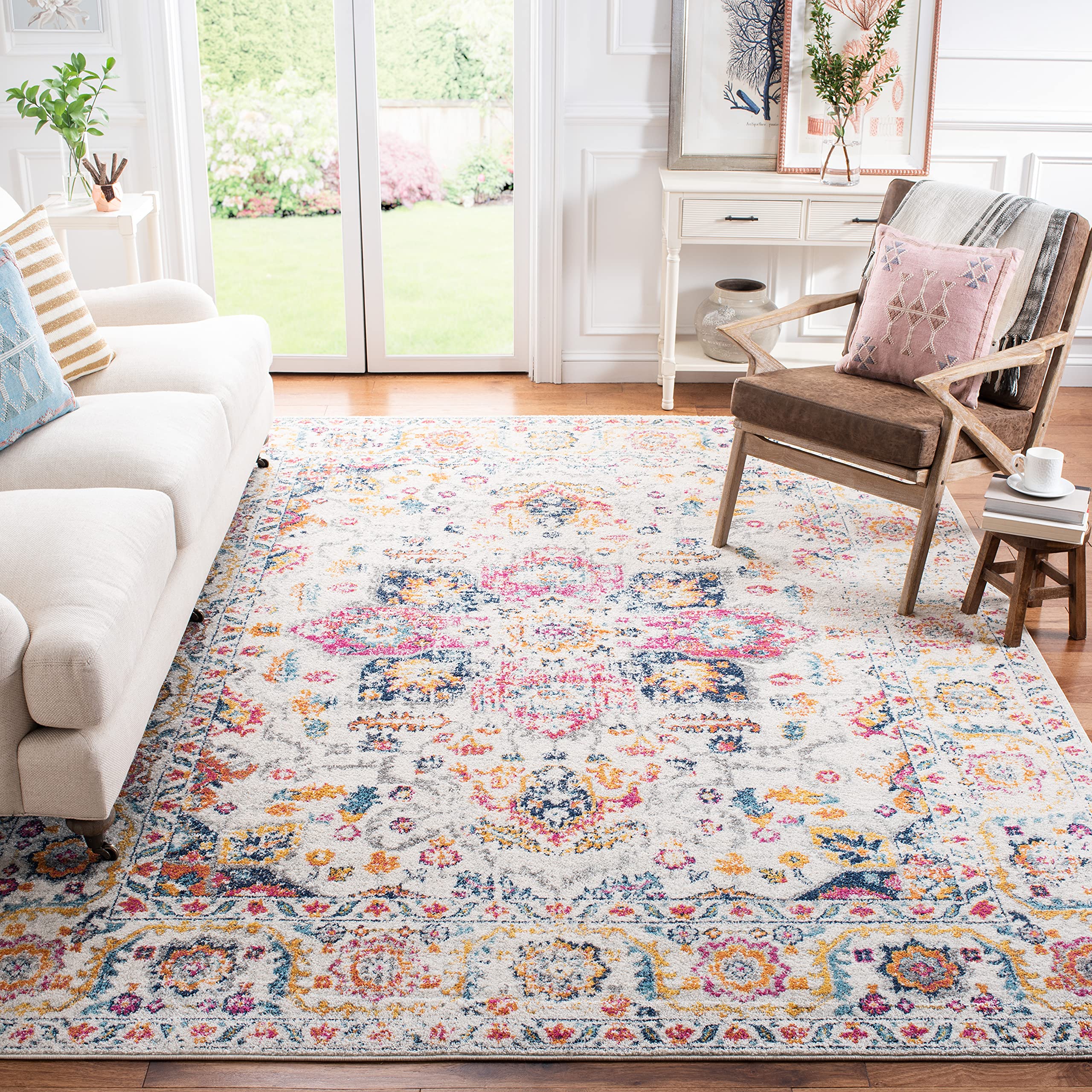 SAFAVIEH Madison Collection 67 Square Fuchsia / Ivory MAD603R Oriental Snowflake Medallion Distressed Non-Shedding Living Room 