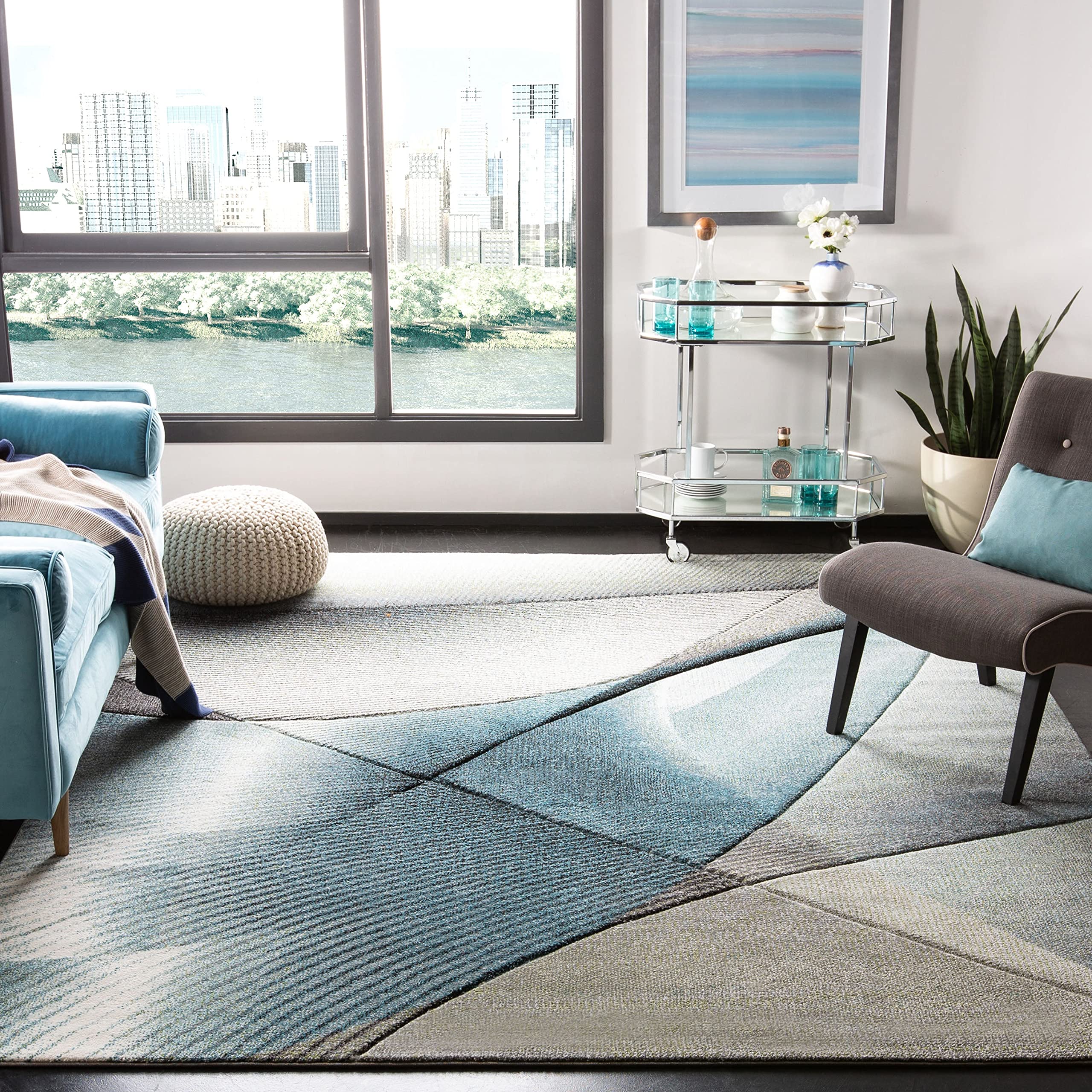 Safavieh Hollywood Collection Runner Rug - 2'3'' X 10', Grey & Teal, Mid-Century Modern Design, Non-Shedding & Easy Care, Ideal