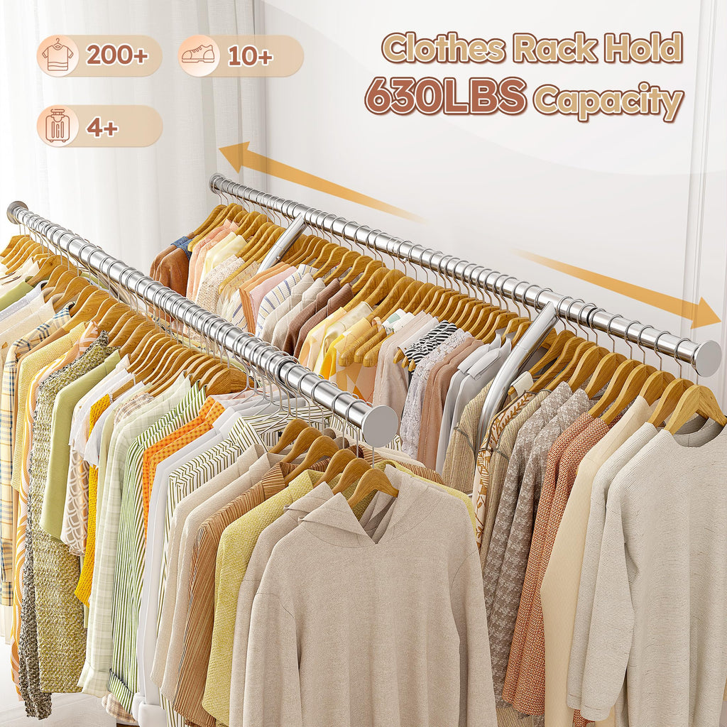 Raybee 74" Double Rod Clothes Rack with Wheels, Heavy Duty 630LBS Capacity, Chrome Finish, Model 25DM-TY-1211