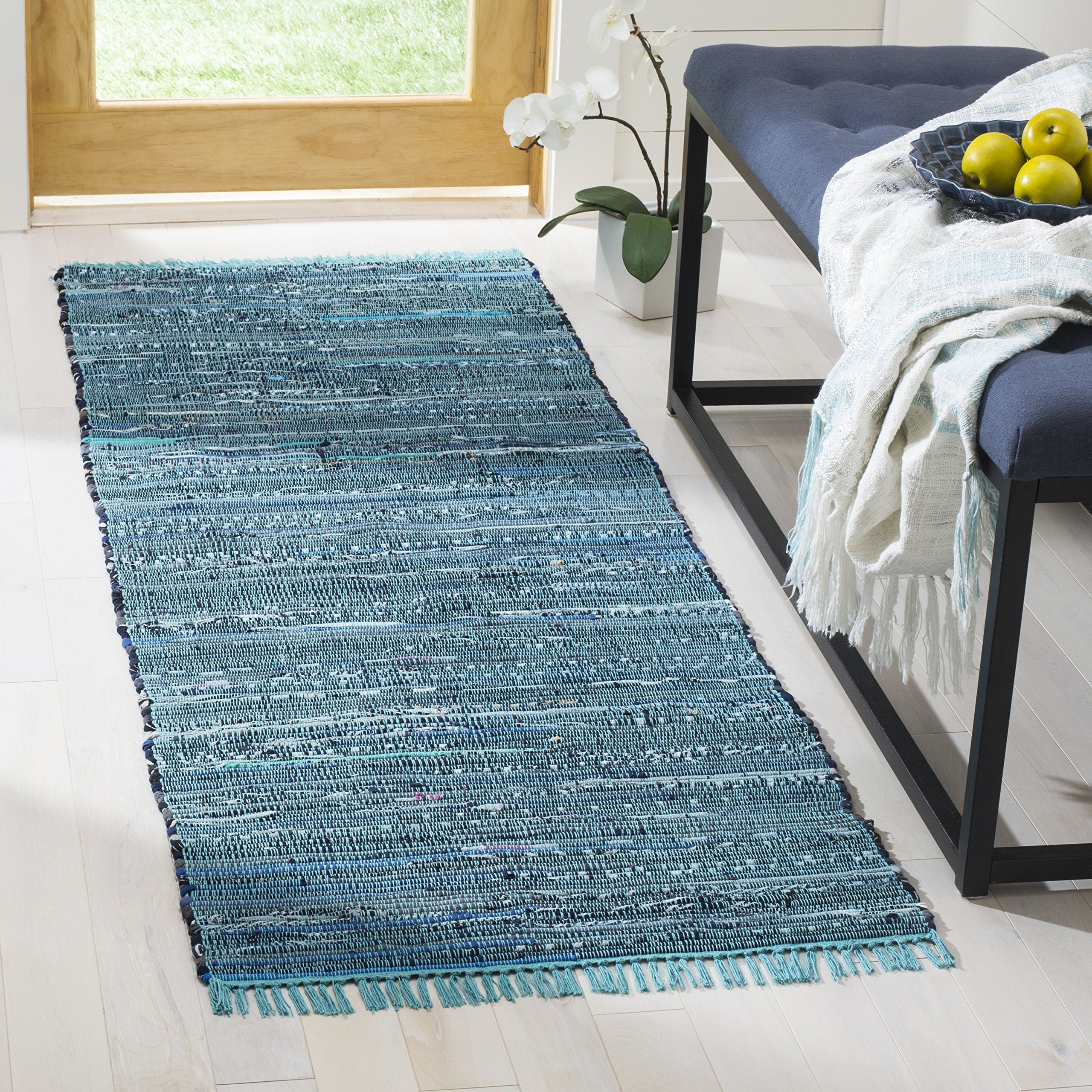 SAFAVIEH Rag Rug Collection Runner Rug - 23 x 9, Blue & Multi, Handmade Boho Stripe Cotton, Ideal for High Traffic Areas in Li