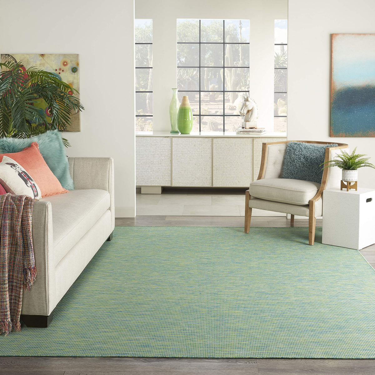 Nourison Positano Indoor/Outdoor Blue/Green 5' X 7' Area Rug, Easy Cleaning, Non Shedding, Bed Room, Living Room, Dining Room, B