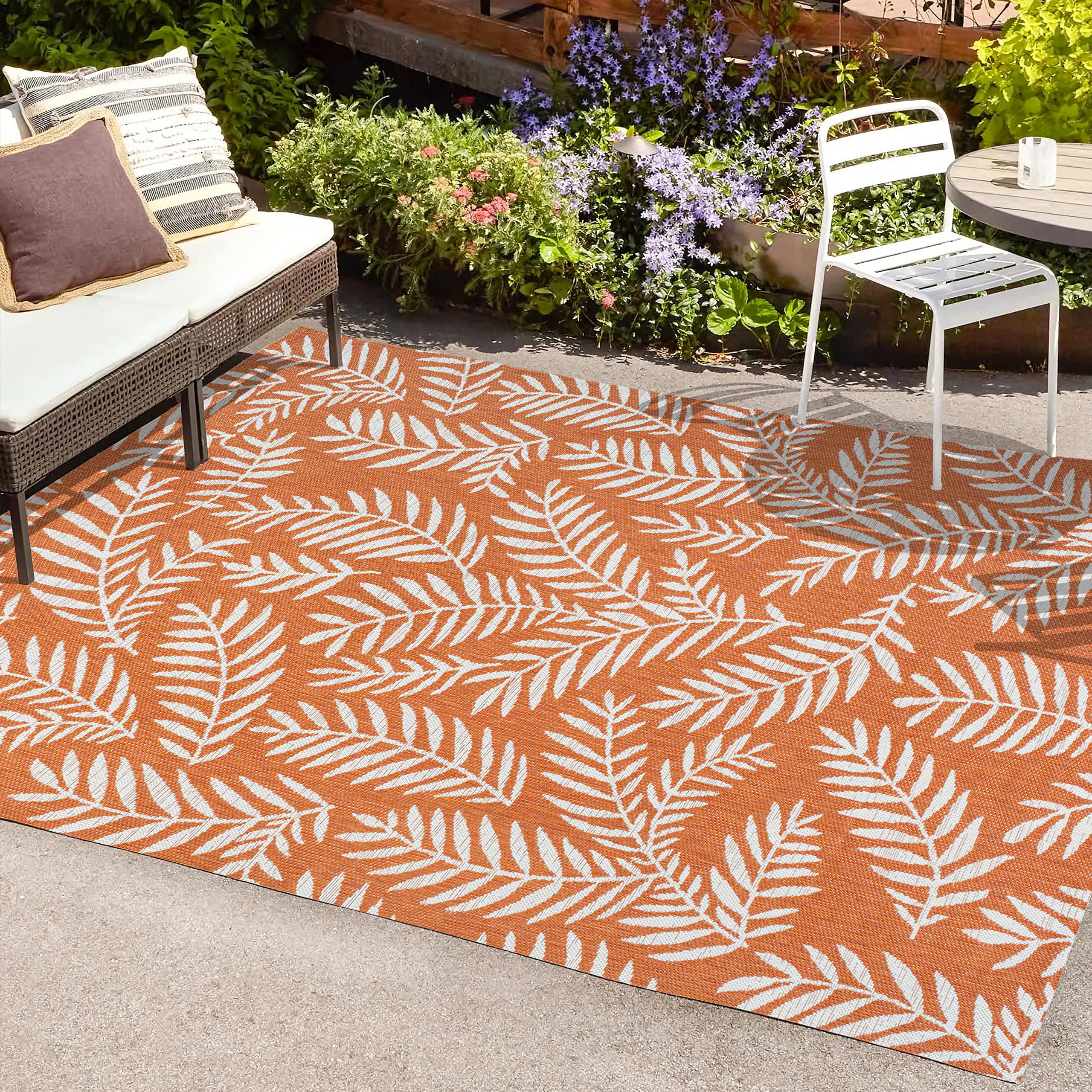 Jonathan Y Smb119E-9 Nevis Palm Frond Indoor Outdoor Area Rug, Coastal Casual Country & Floral Easy Cleaning,Bedroom,Kitchen,Backyard,Patio,Non Shedding, 9 X 12, Orange/Cream