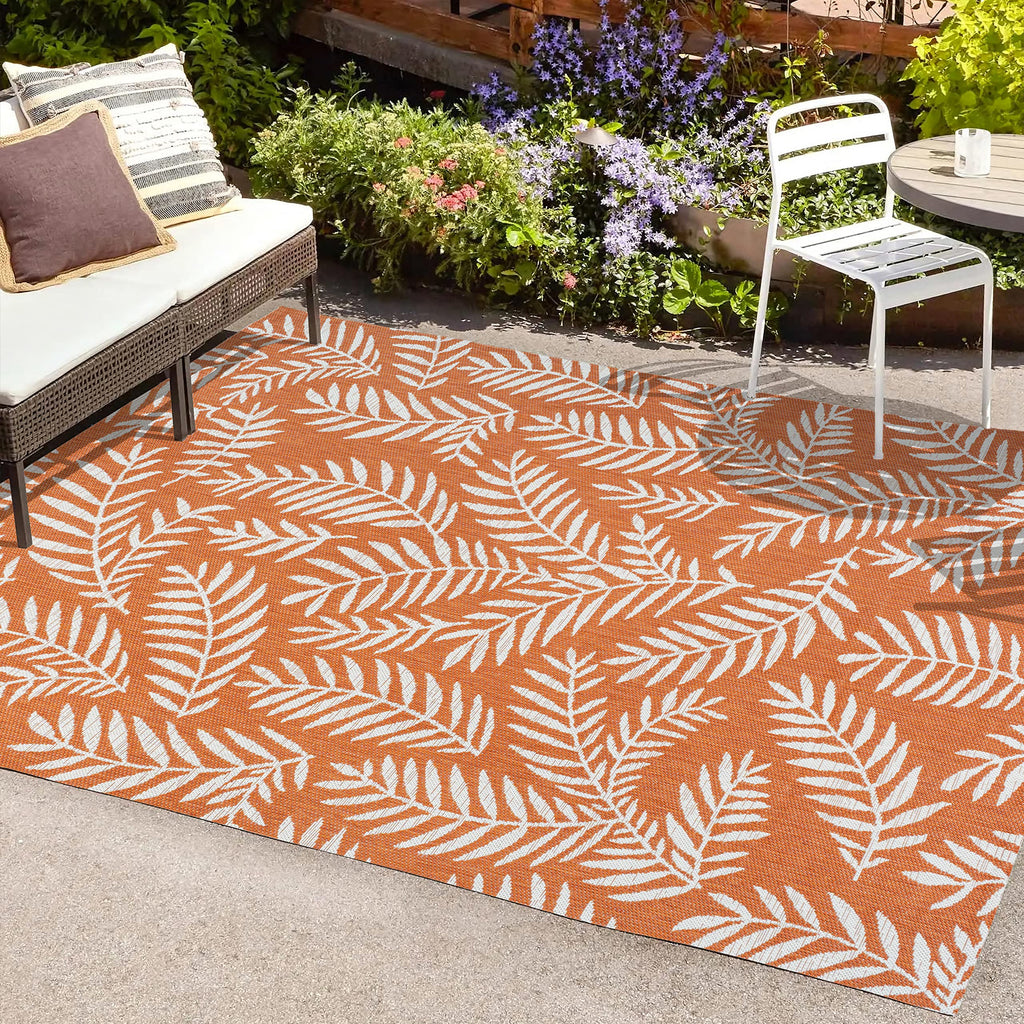 Jonathan Y Smb119E-8 Nevis Palm Frond Indoor Outdoor Area-Rug, Coastal Casual Country & Floral Easy-Cleaning,Bedroom,Kitchen,Backyard,Patio,Non Shedding, 8 X 10, Orange/Cream