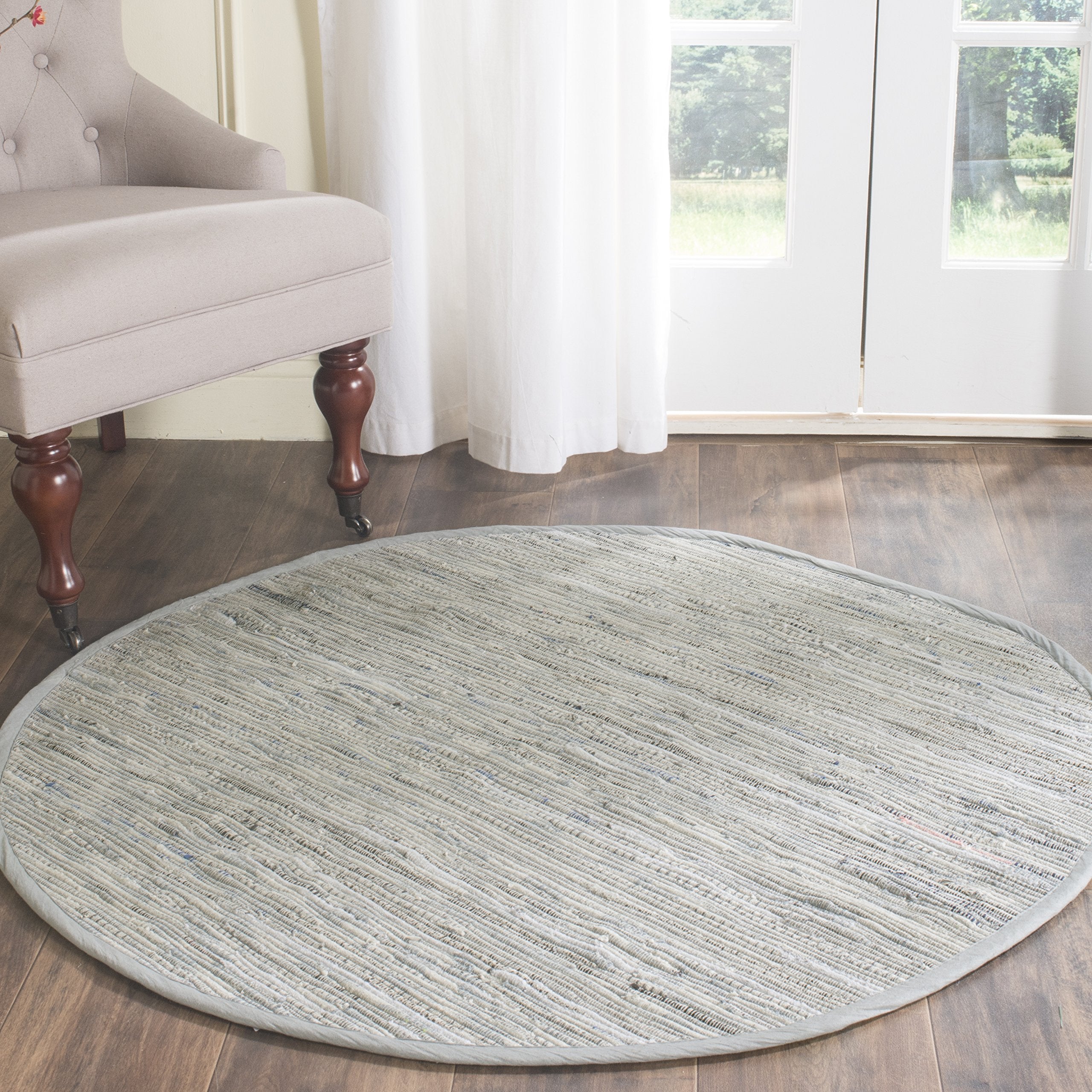 SAFAVIEH Rag Rug Collection Area Rug - 4 Round, Grey, Handmade Boho Stripe Cotton, Ideal for High Traffic Areas in Living Room,