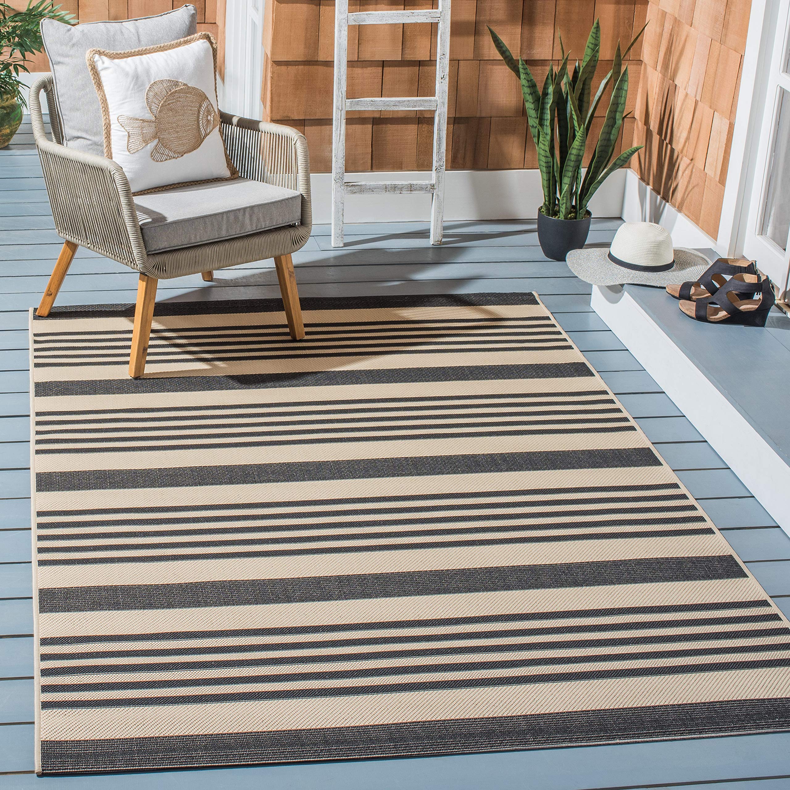 Safavieh Courtyard Collection Area Rug - 7'1 Square, Black & Bone, Stripe Design, Non-Shedding & Easy Care, Indoor/Outdoor & Was