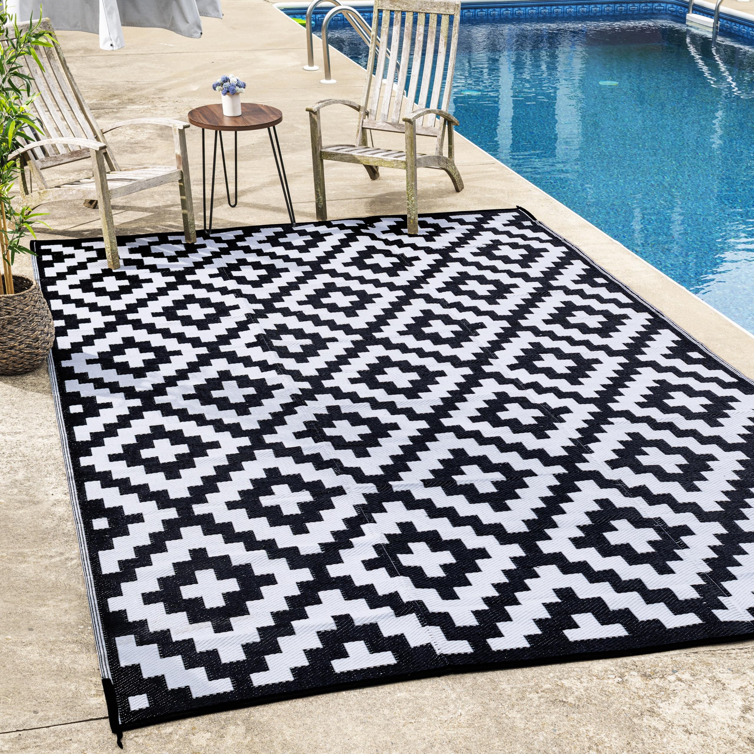 Fh Home Outdoor Camping Rug - Waterproof, Fade Resistant, Reversible - Premium Recycled Plastic - Geometric - Picnic, Patio, Dec