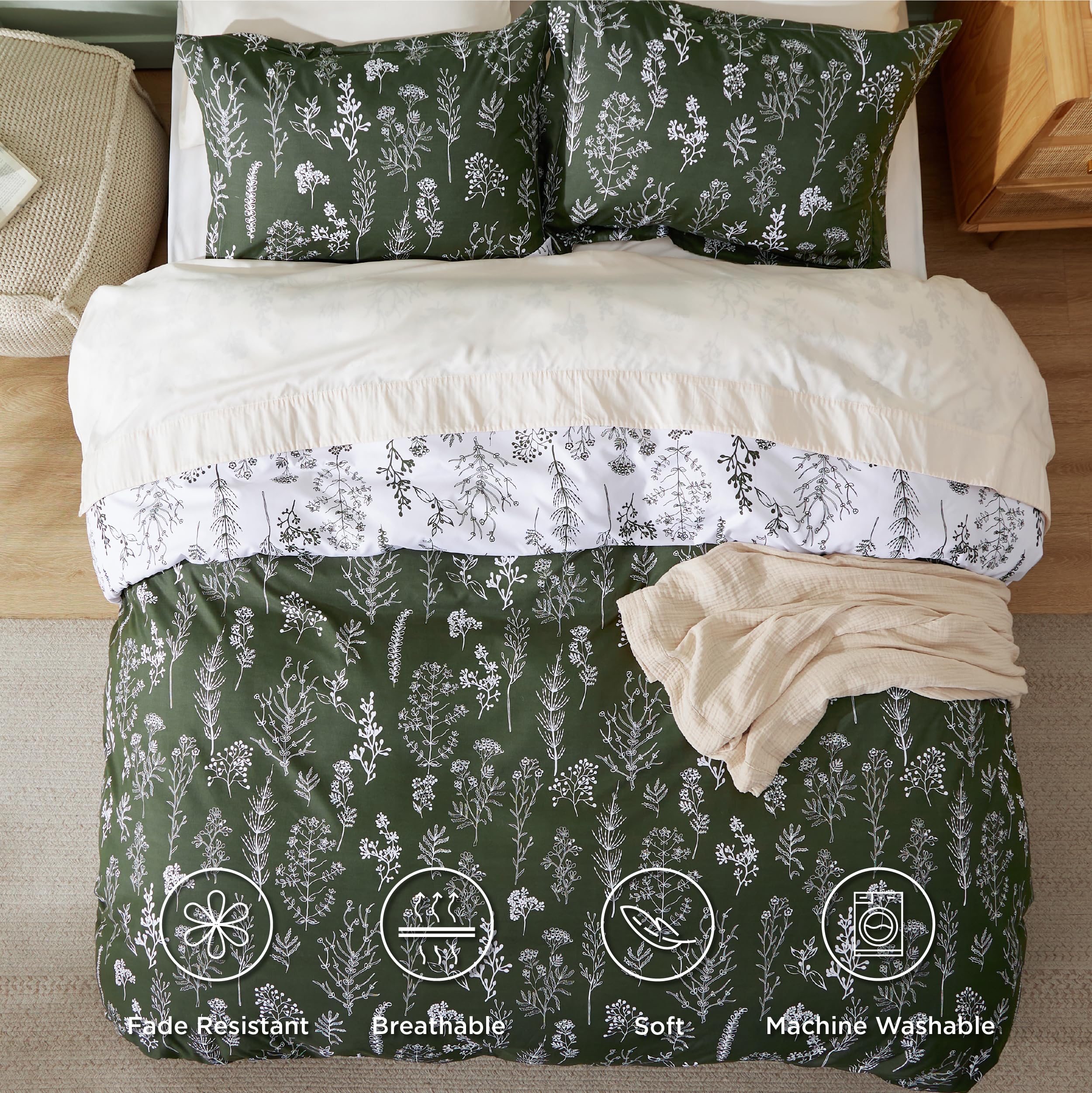Bedsure Duvet Cover Queen Size - Reversible Dark Green Queen Duvet Cover Set With Zipper Closure, 3 Pieces Floral Patterned Bedding Set With 8 Corner Ties And 2 Pillow Shams