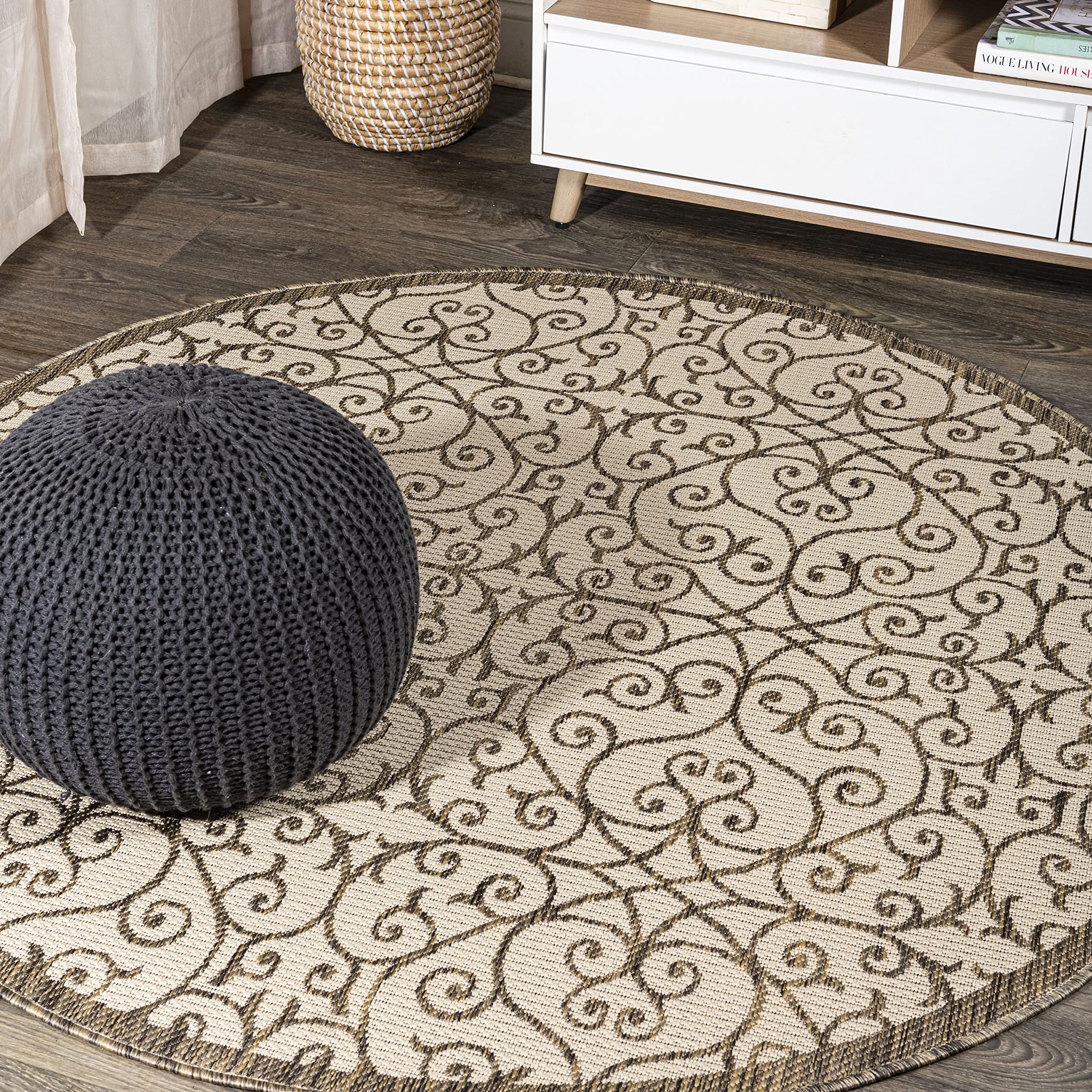 Jonathan Y Smb107B-8R Madrid Vintage Filigree Textured Weave Beige/Brown 8' Round Indoor/Outdoor Area Rug, Pet Friendly, Non-She