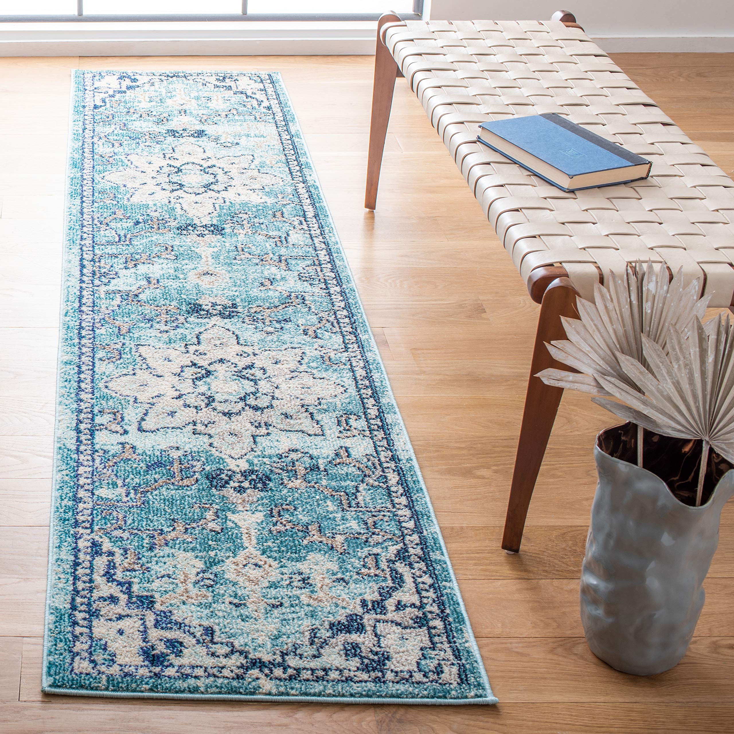 SAFAVIEH Madison Collection Runner Rug - 22 x 14, Teal & Navy, Boho Chic Medallion Distressed Design, Non-Shedding & Easy Care