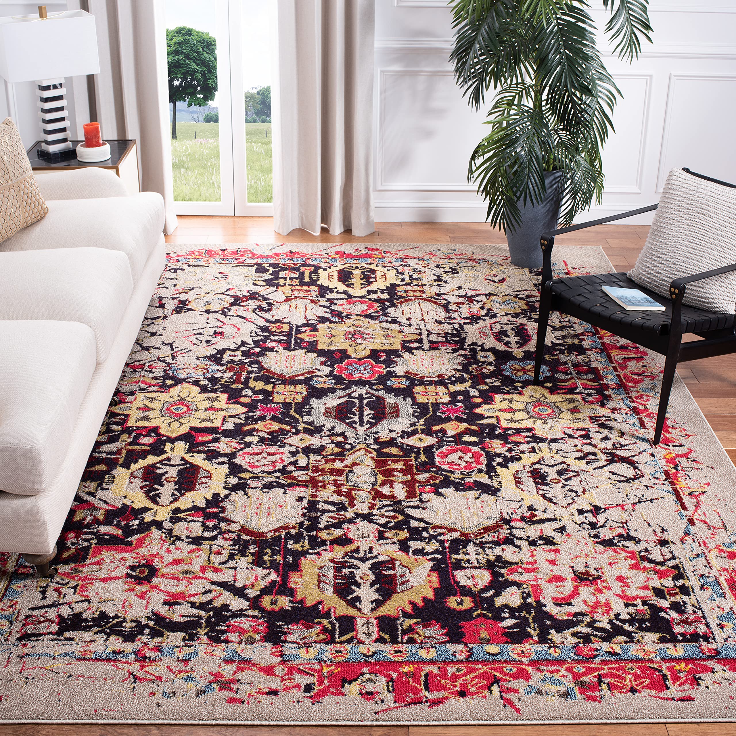 SAFAVIEH Monaco Collection Area Rug - 67 x 92, Grey & Multi, Oriental Abstract Distressed Design, Non-Shedding & Easy Care, Id