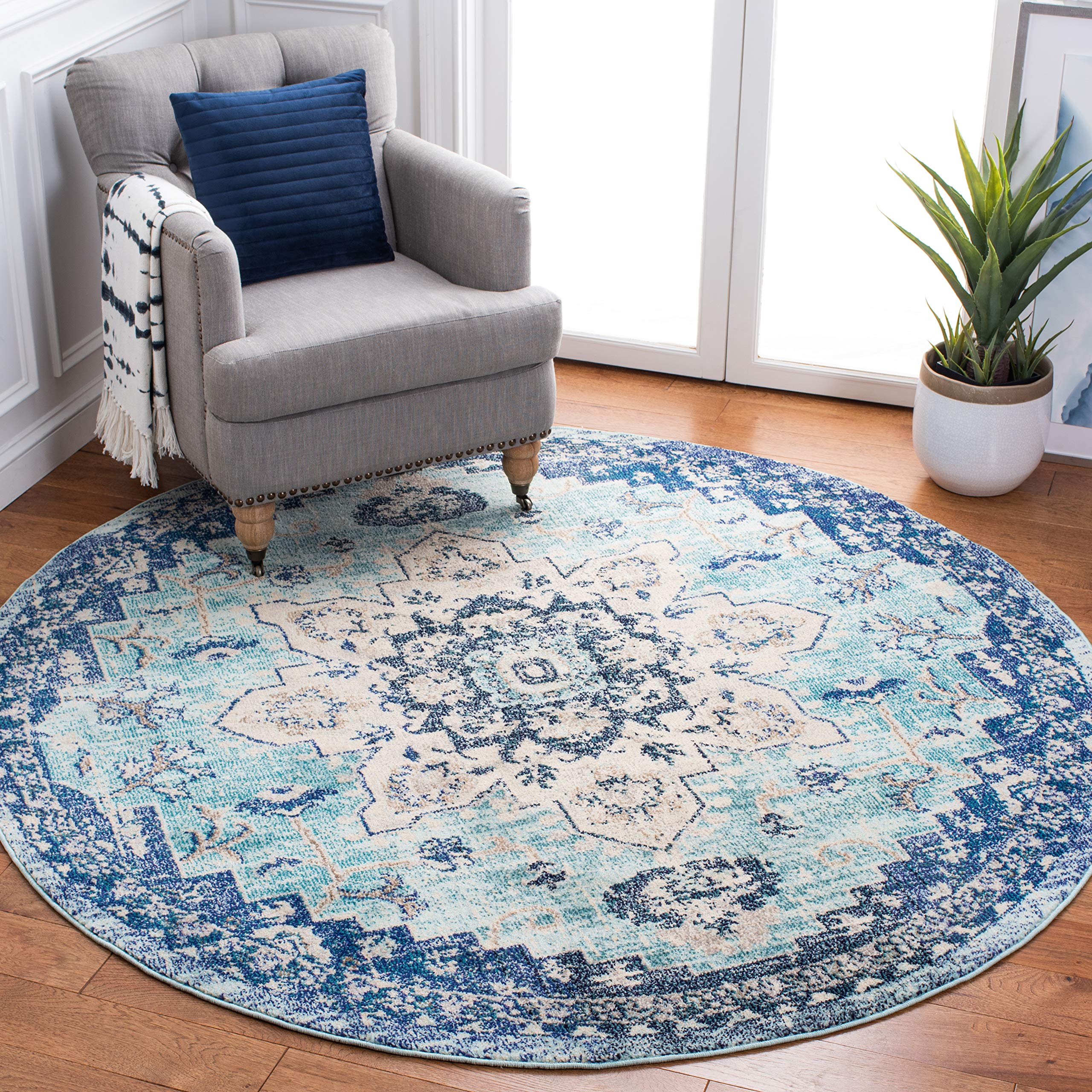 SAFAVIEH Madison Collection Area Rug - 8 Round, Teal & Navy, Boho Chic Medallion Distressed Design, Non-Shedding & Easy Care, I