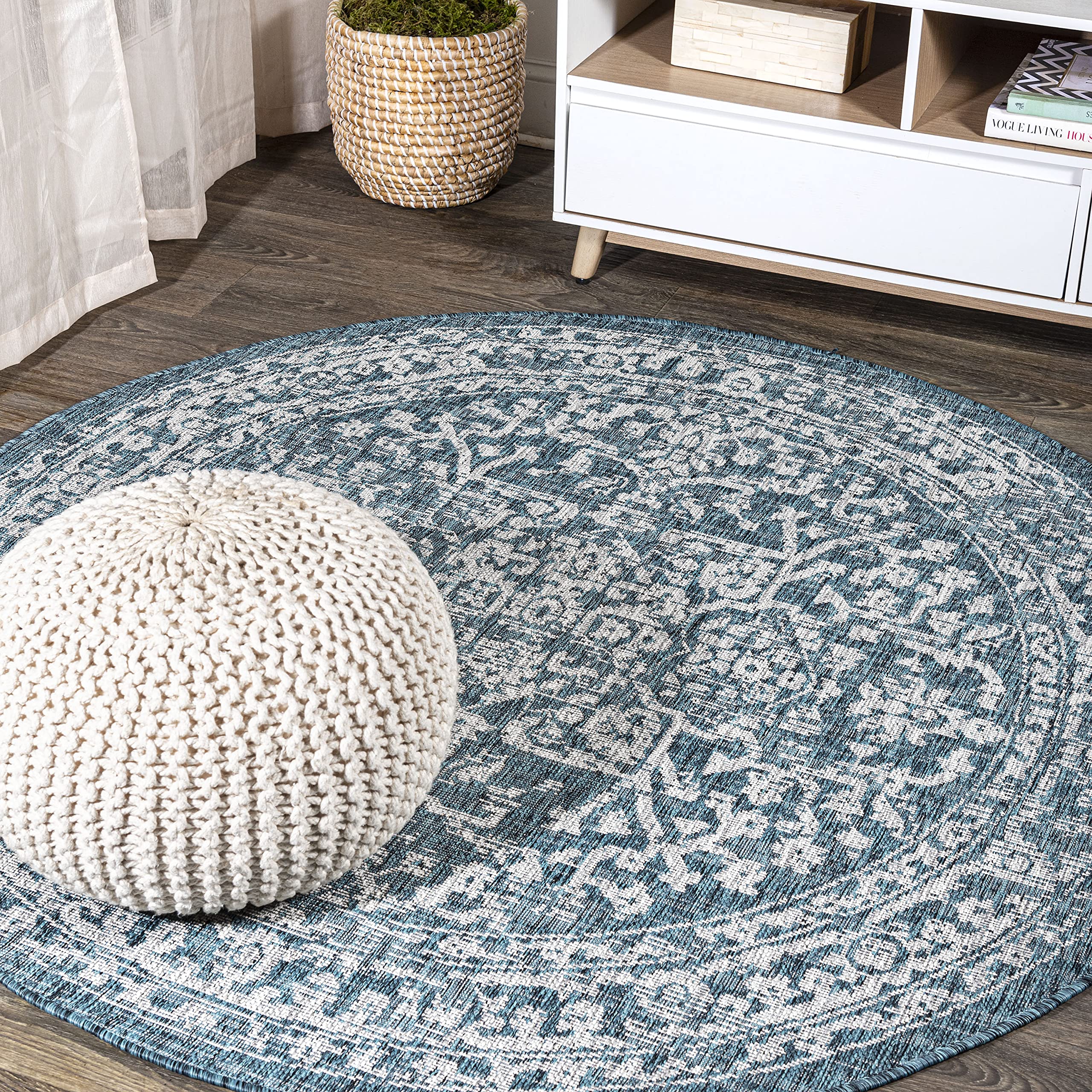 Jonathan Y Smb104B-3R Malta Bohemian Medallion Textured Weave Teal/Gray 3' Round Indoor/Outdoor Area Rug, Pet Friendly, Non-Shed
