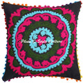 Stylo Culture Indian Floral Cushion Cover 17X17 Inches Black Embroidered Suzani Work With Pompom Lace Cotton Square Decorative C
