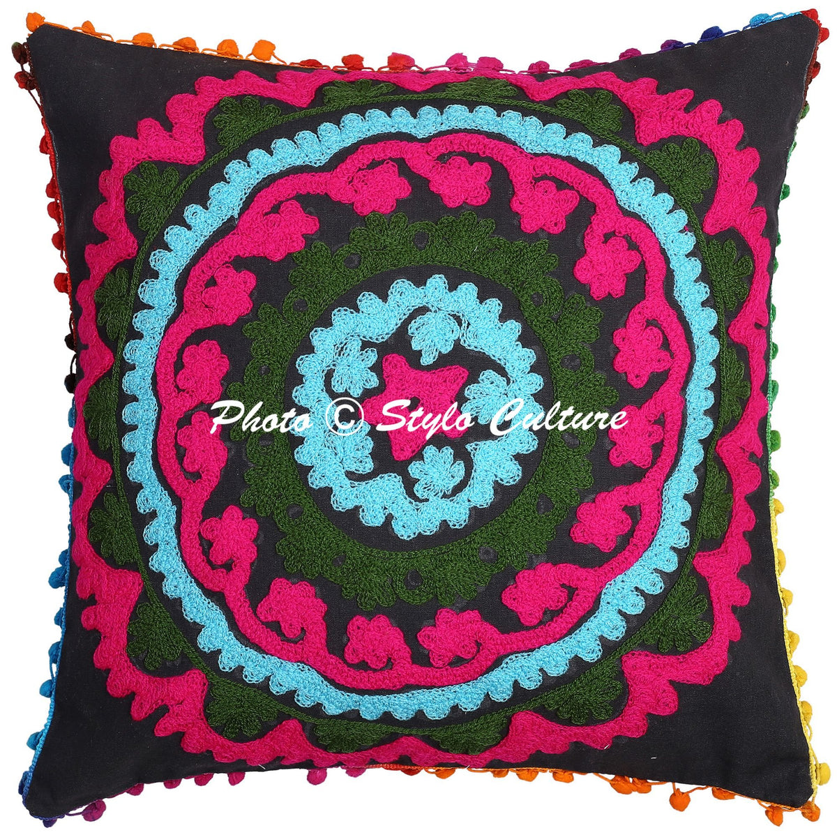 Stylo Culture Indian Floral Cushion Cover 17X17 Inches Black Embroidered Suzani Work With Pompom Lace Cotton Square Decorative C