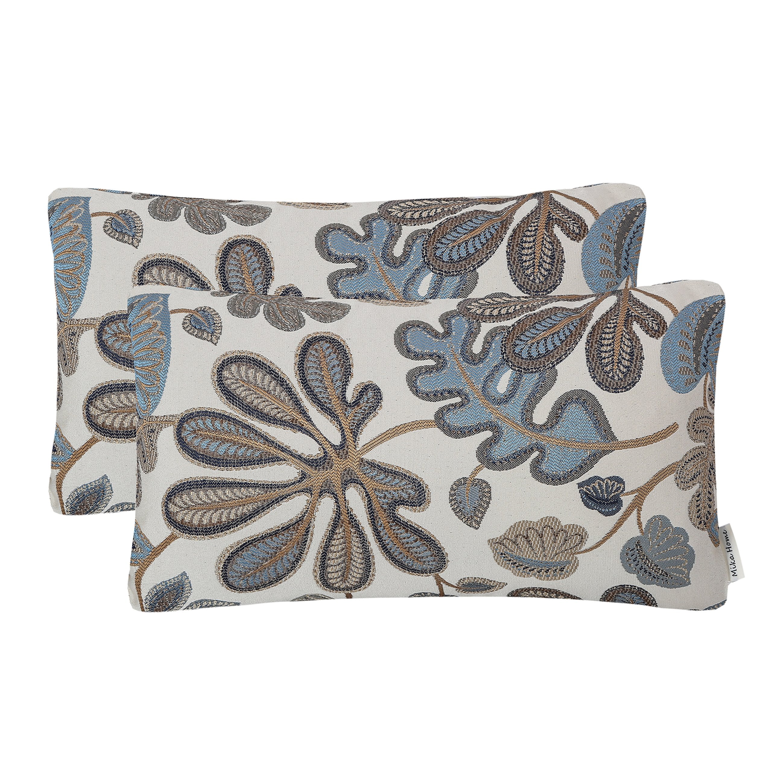 Mika Home Set Of 2 Jacquard Tropical Leaf Pattern Oblong Throw Pillow Covers Accent Pillowcase 12X20 Inches,Blue Cream