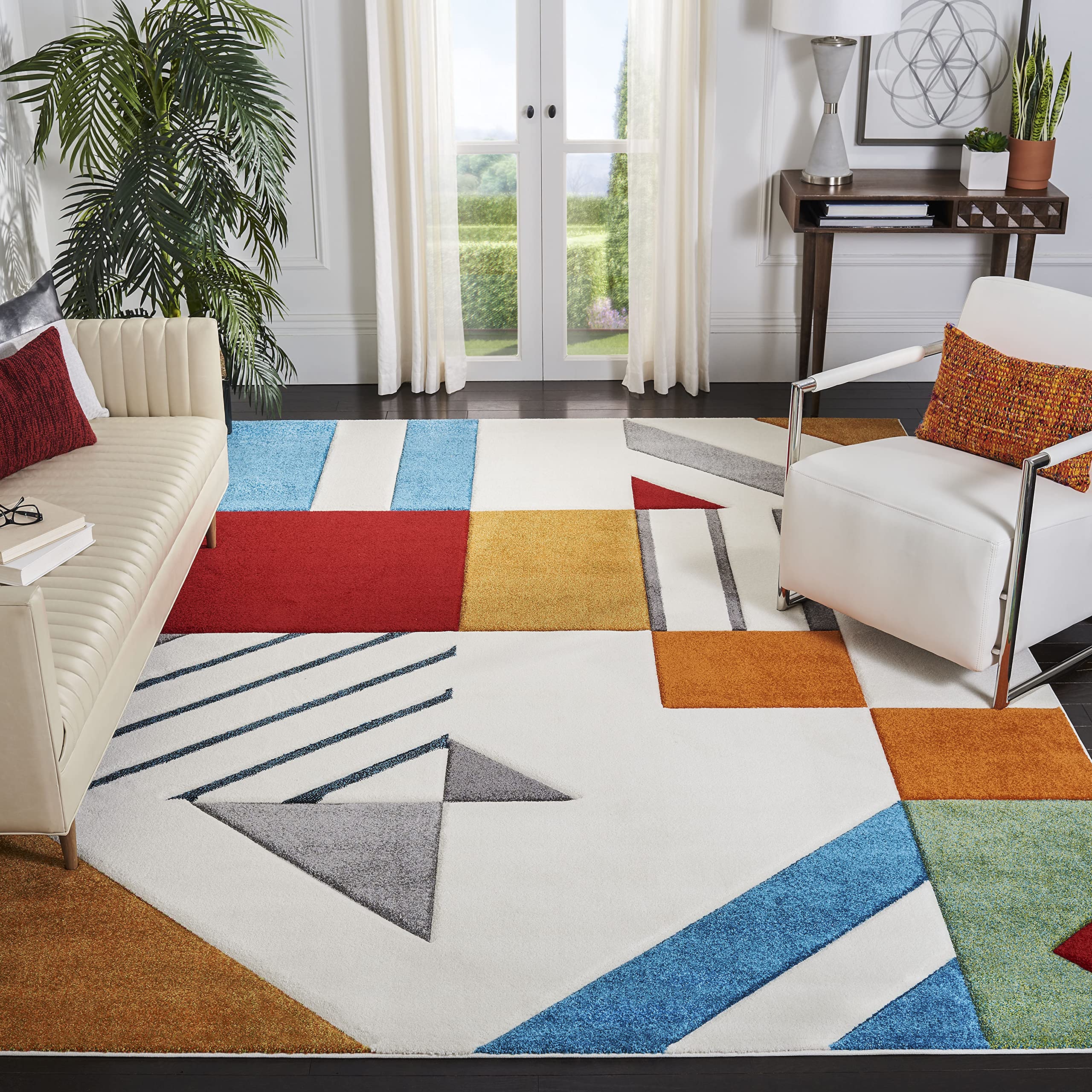 SAFAVIEH Hollywood Collection 8 Square Ivory/Peacock Blue HLW709B Mid-Century Modern Non-Shedding Living Room Dining Bedroom Ar