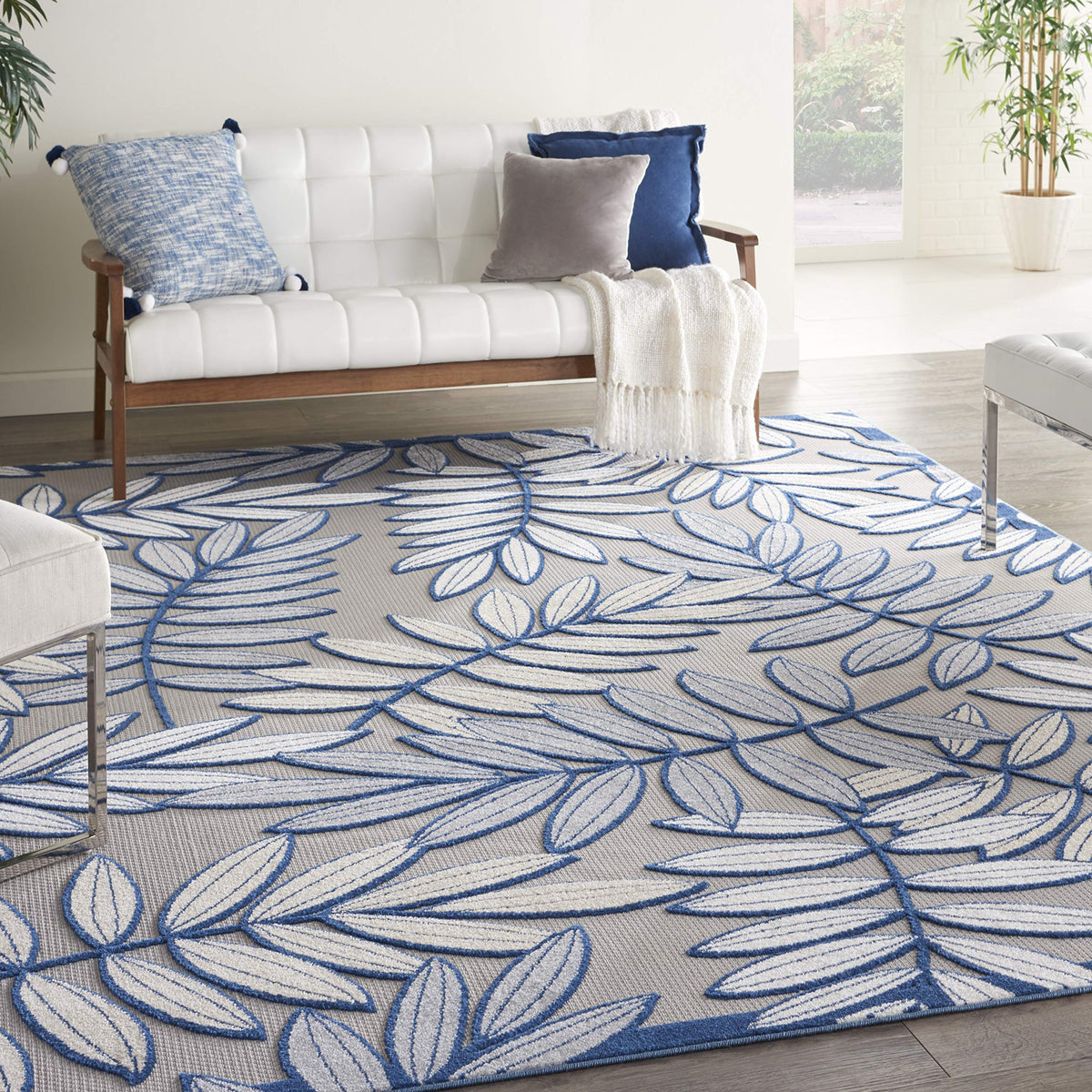 Nourison Aloha Indoor/Outdoor Ivory/Navy 9'6' X 13' Area Rug, Tropical, Botanical, Easy Cleaning, Non Shedding, Bed Room, Kitch
