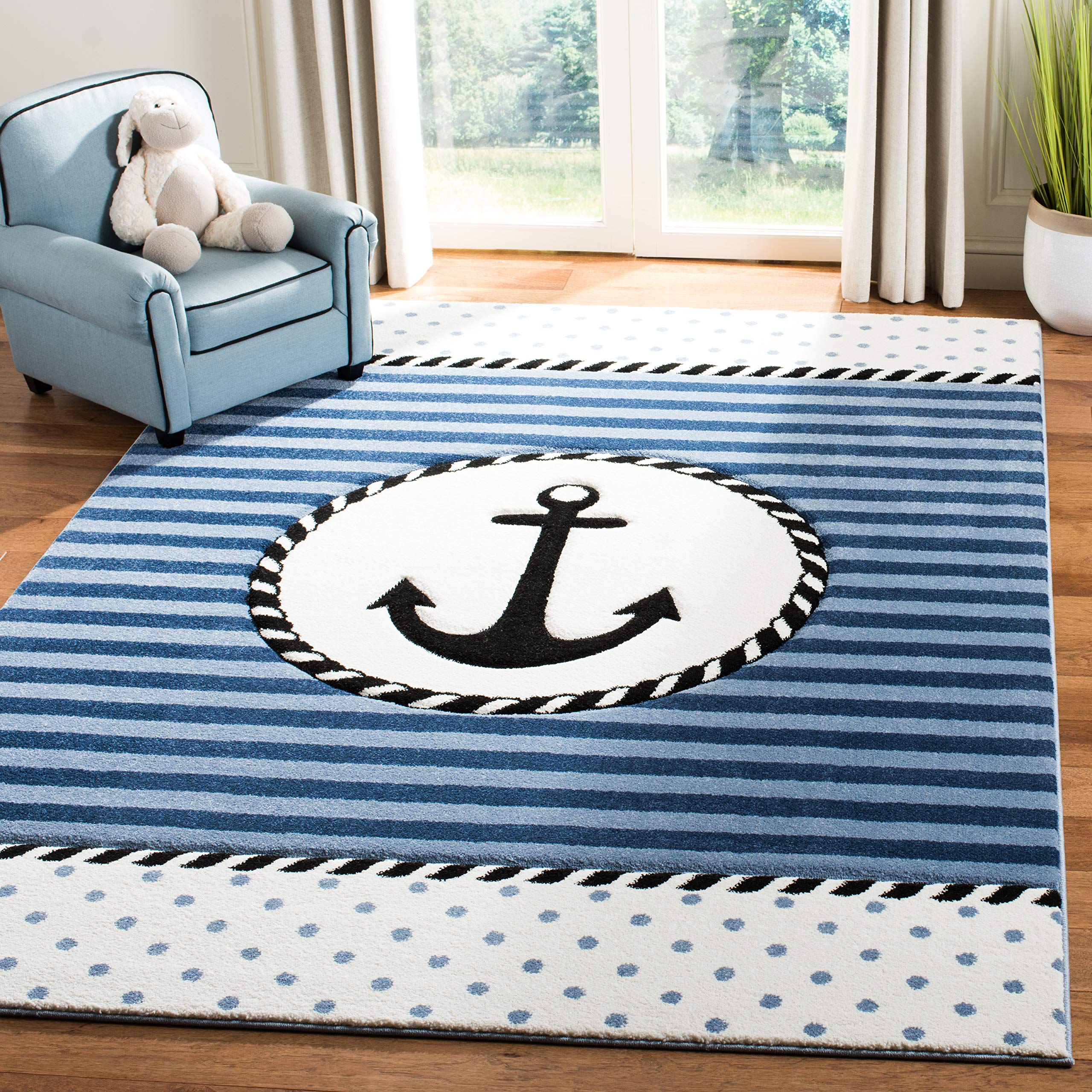 SAFAVIEH Carousel Kids Collection 8 Square Navy/Ivory CRK124N Nautical Anchor Non-Shedding Playroom Nursery Bedroom Area Rug
