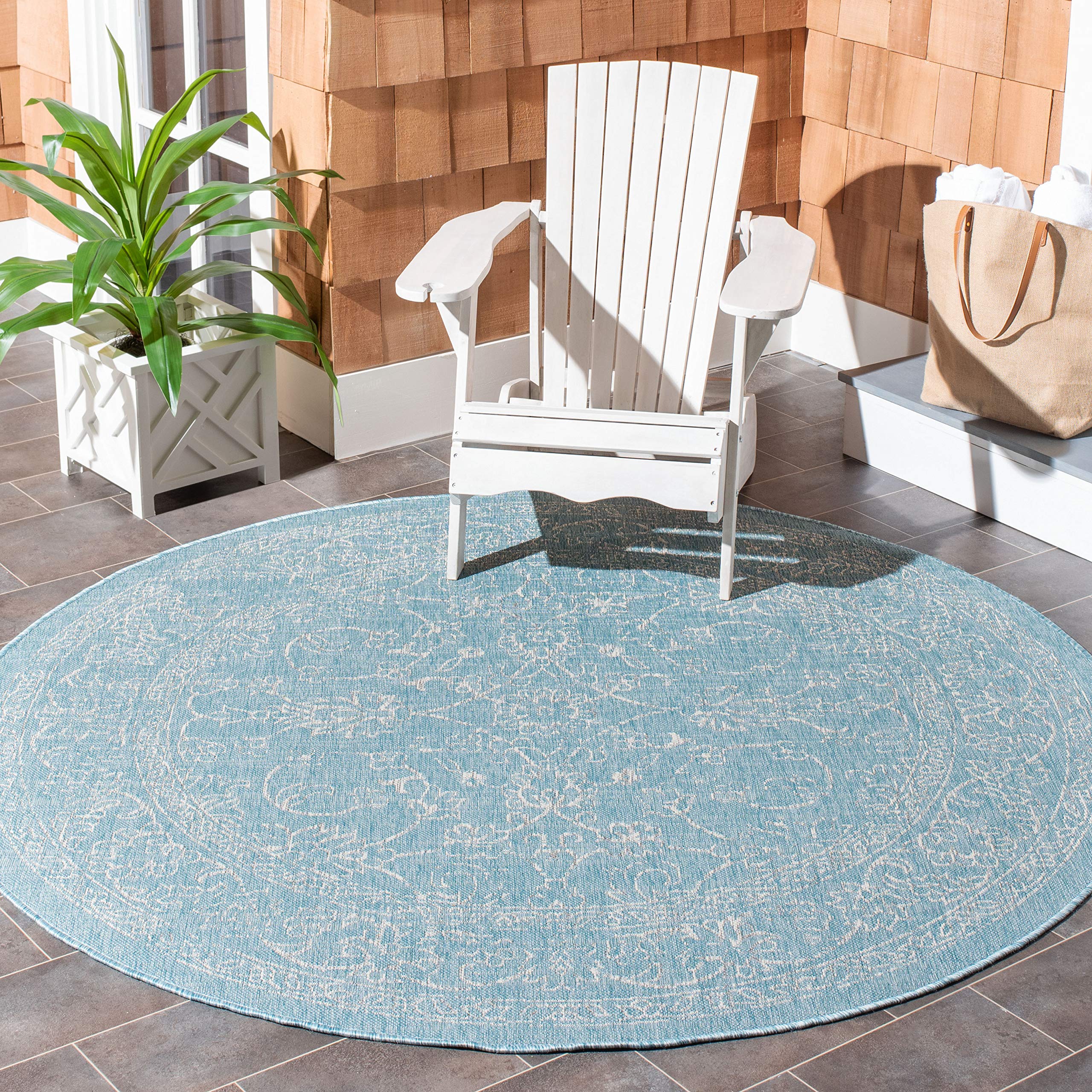 Safavieh Courtyard Collection 5'3' Round Aqua/Grey Cy8680 Indoor/ Outside Waterproof Easy Cleansingpatio Backyard Mudroom Area
