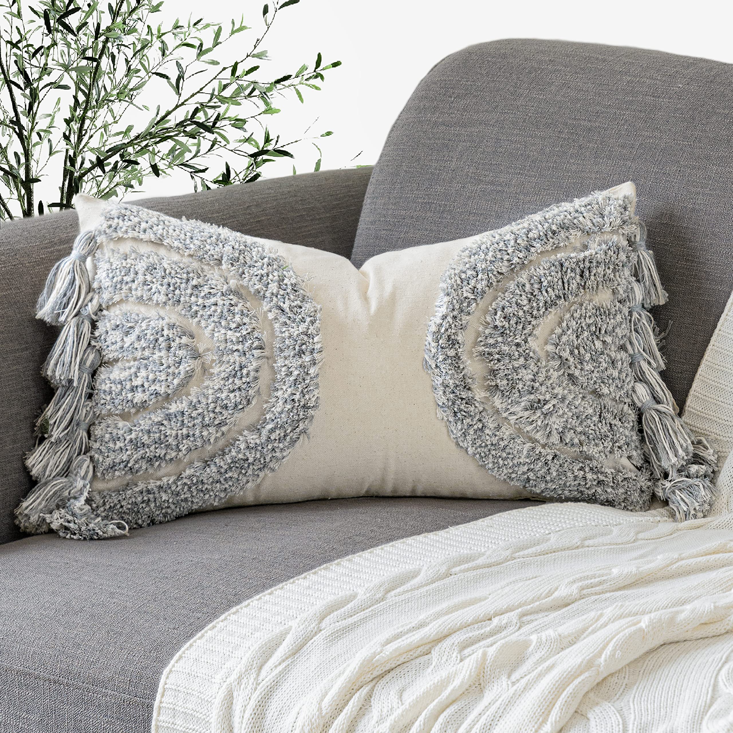 Foindtower Gorgeous Half Moon Accent Boho Tufted Decorative Throw Pillow Cover, Stylish & Cozy Bohemian Design Cotton Canvas Lum