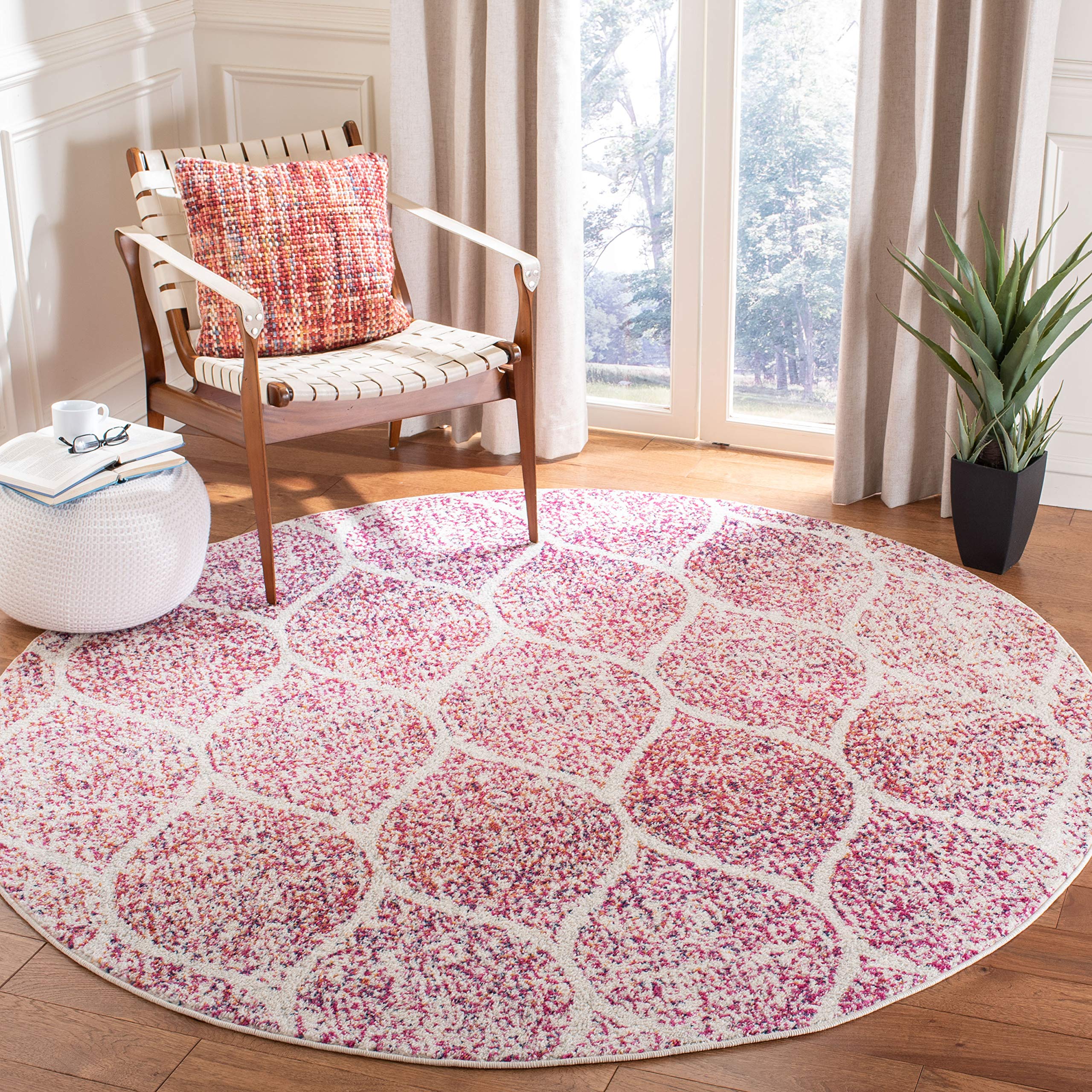 SAFAVIEH Madison Collection 67 Round Cream / Fuchsia MAD604R Glam Ogee Trellis Distressed Non-Shedding Dining Room Entryway Foy