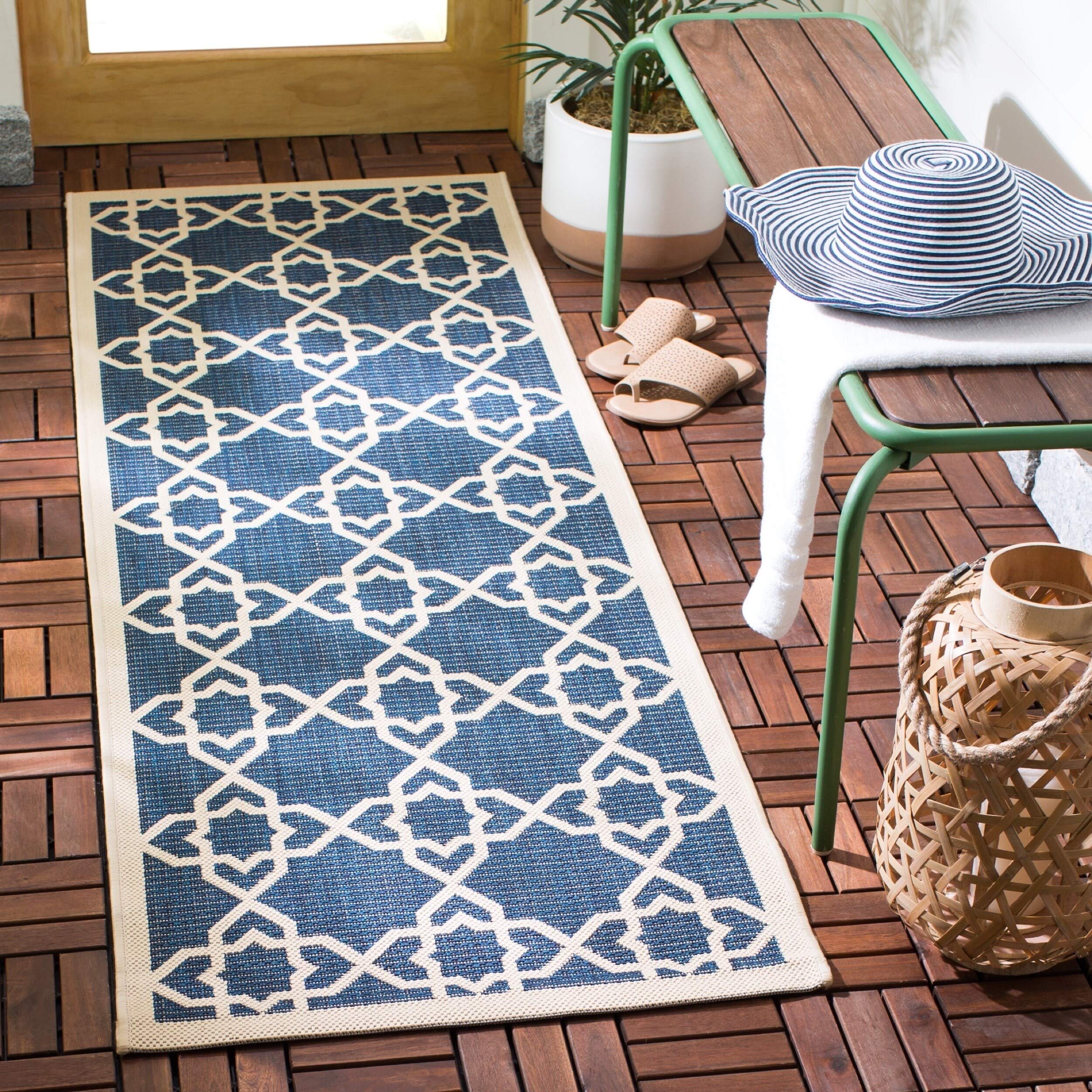Safavieh Courtyard Collection Runner Rug - 2'3' X 10', Navy & Beige, Non-Shedding & Easy Care, Indoor/Outdoor & Washable-Ideal