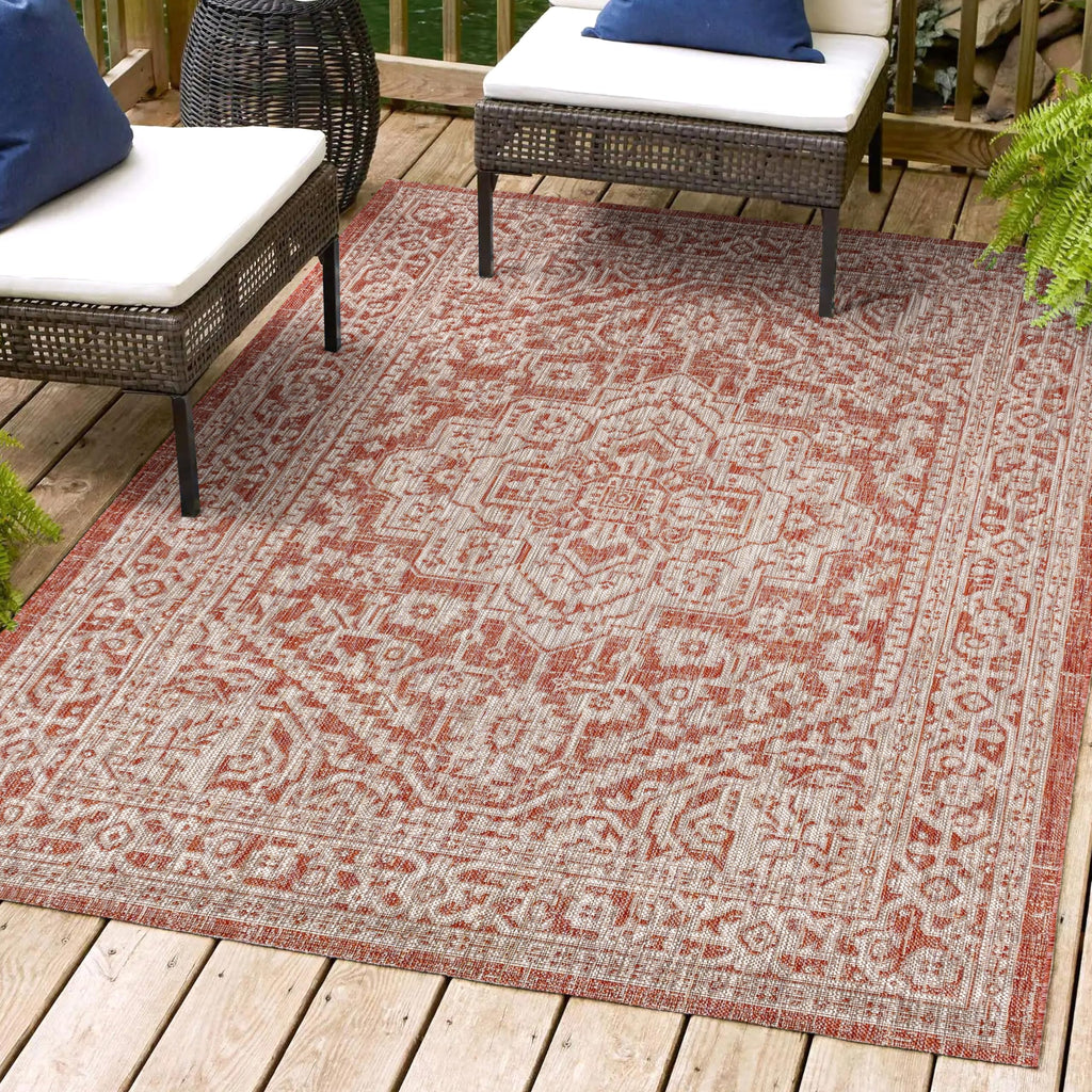 Jonathan Y Smb101A-3 Sinjuri Medallion Textured Weave Indoor/Outdoor Red/Taupe 3 Ft. X 5 Ft. Area-Rug, Coastal,Easy-Cleaning,Forhightraffic,Kitchen,Livingroom,Backyard, Non Shedding