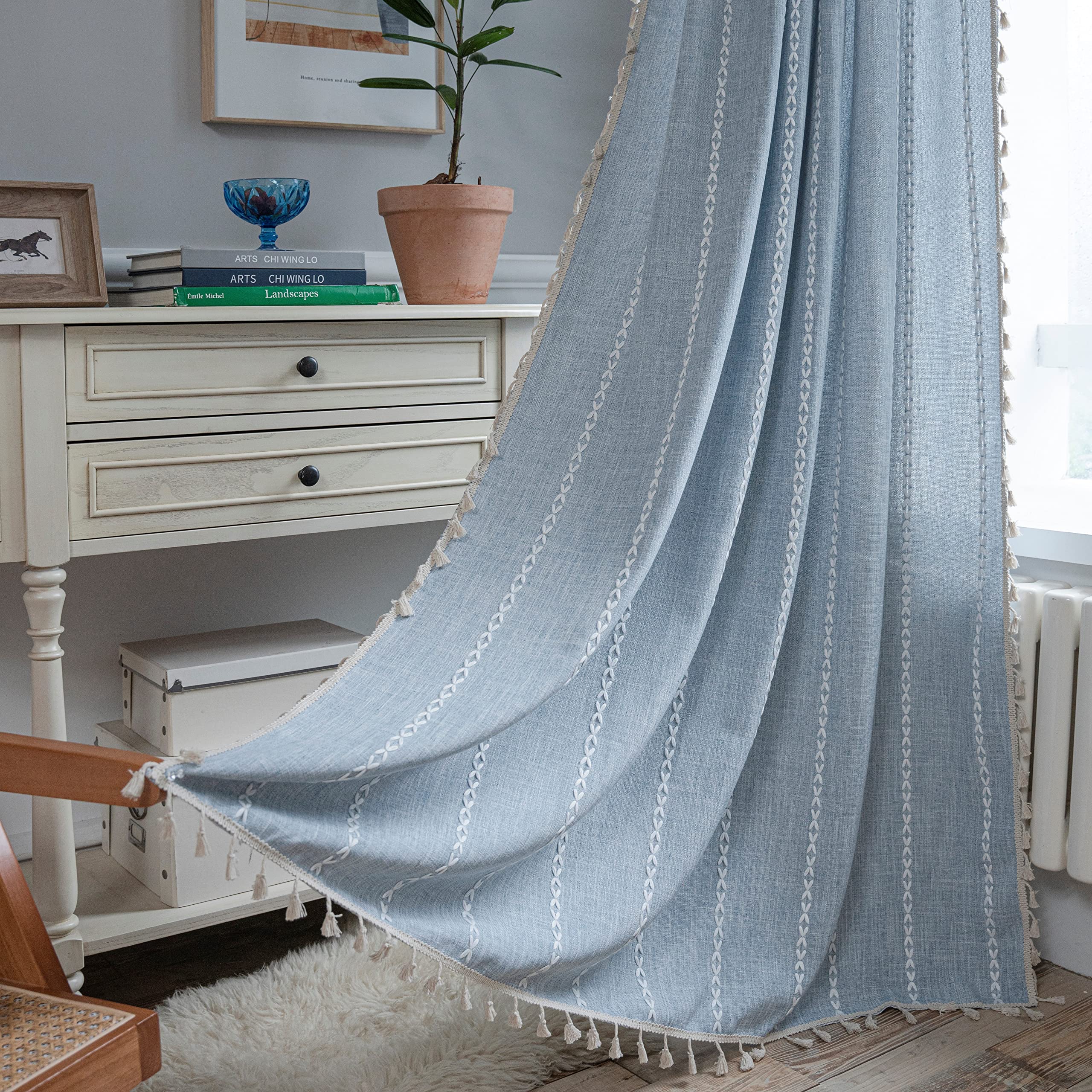 Sutuo Home Boho Curtains For Bedroom 63 Inch Length, Light Filtering French Country Farmhouse Vintage Shabby Chic Tassels Window