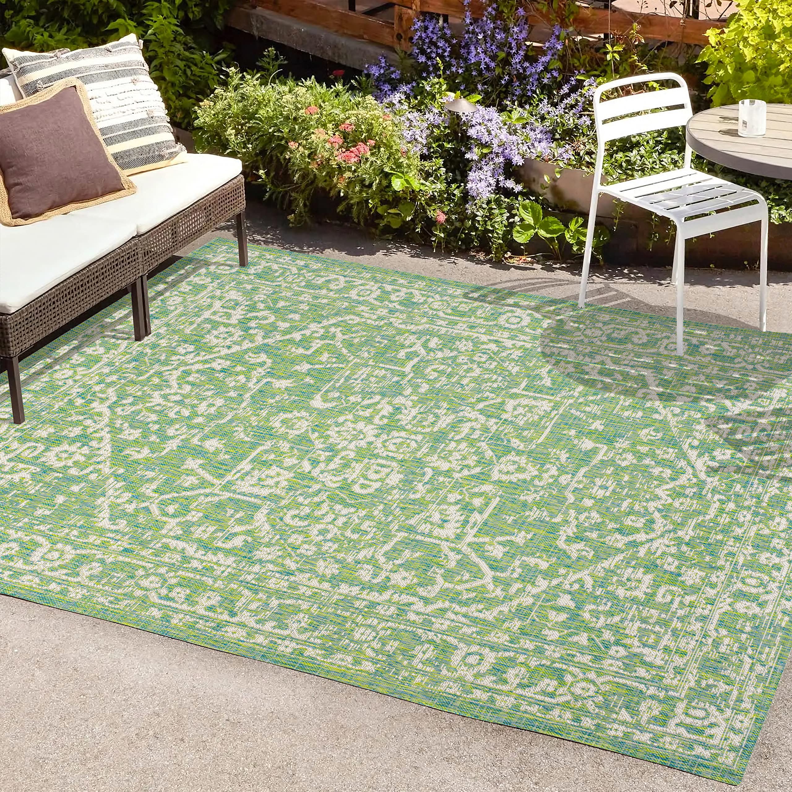 Jonathan Y Smb104F-4 Malta Bohemian Medallion Textured Weave Indoor Outdoor Area-Rug, Coastal Traditional Transitional Easy-Cleaning,Bedroom,Kitchen,Backyard,Patio,Non Shedding, 4 X 6, Cream/Green