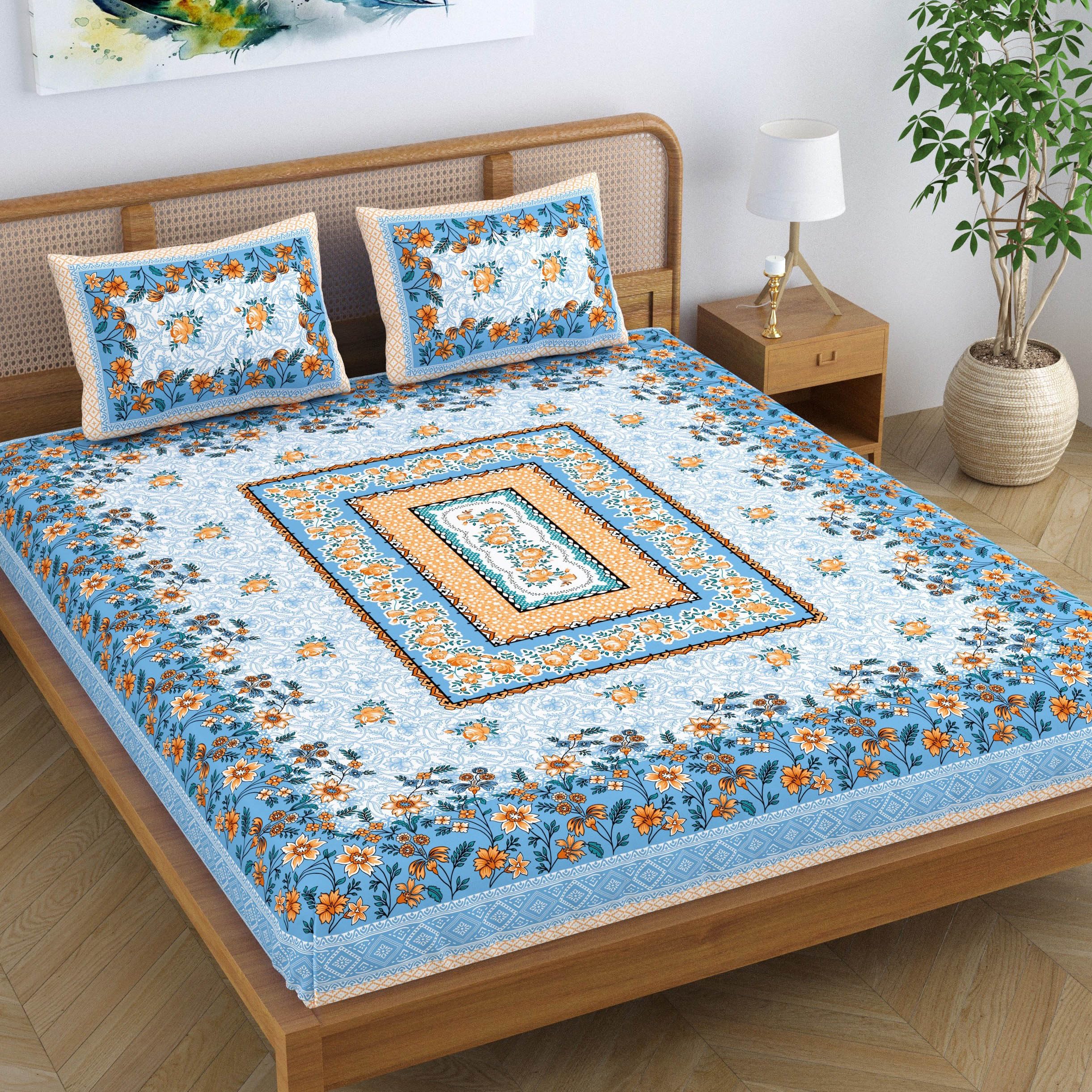Sheetkart Pure Cotton Jaipuri Floral Printed Double Bedsheet King Size With 2 Pillow Covers  Sky Blue
